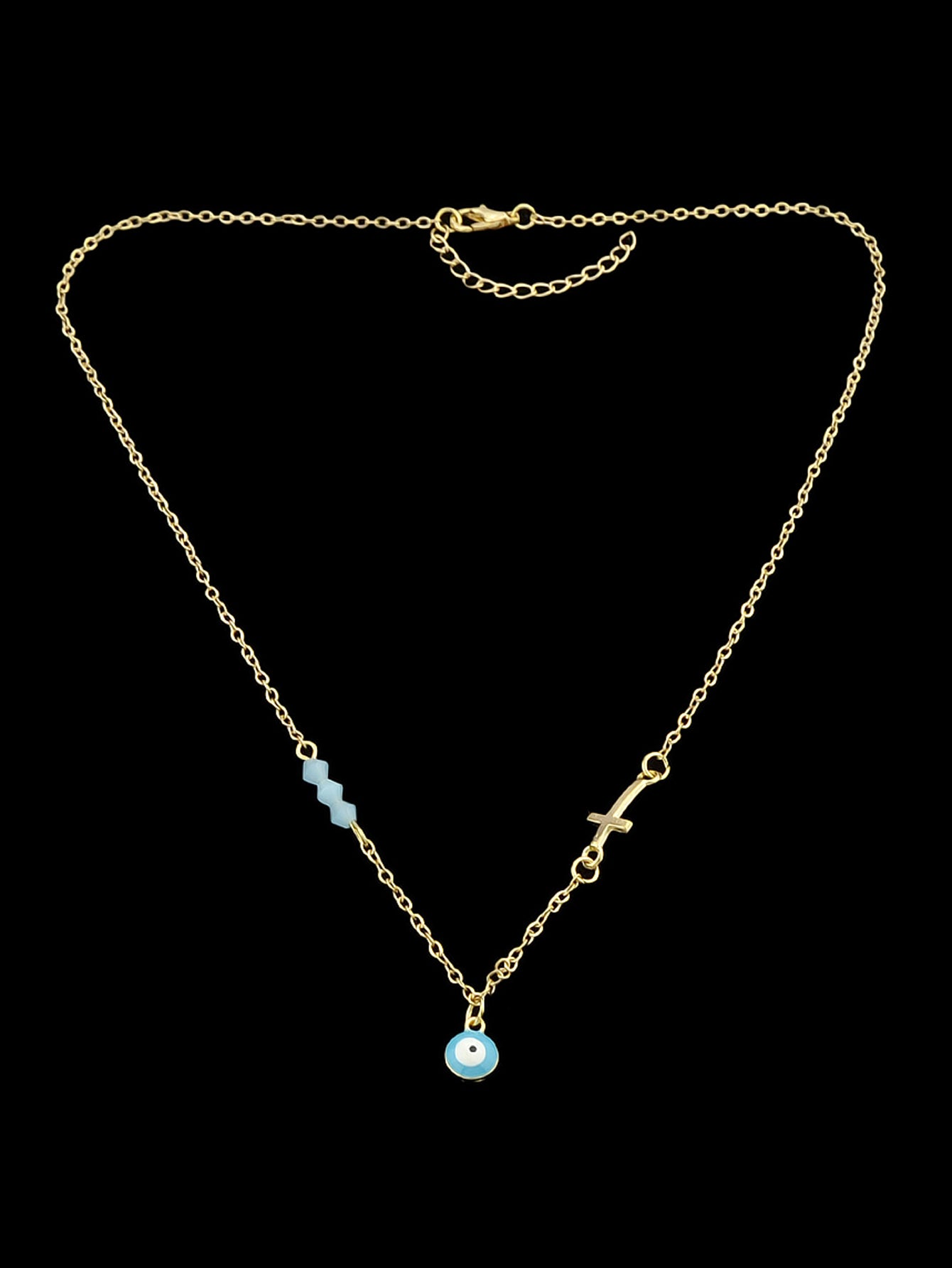 Boho Chic Chain Blue Beads Cross Round Eye Charm Necklace Girls Ethnic Jewellery