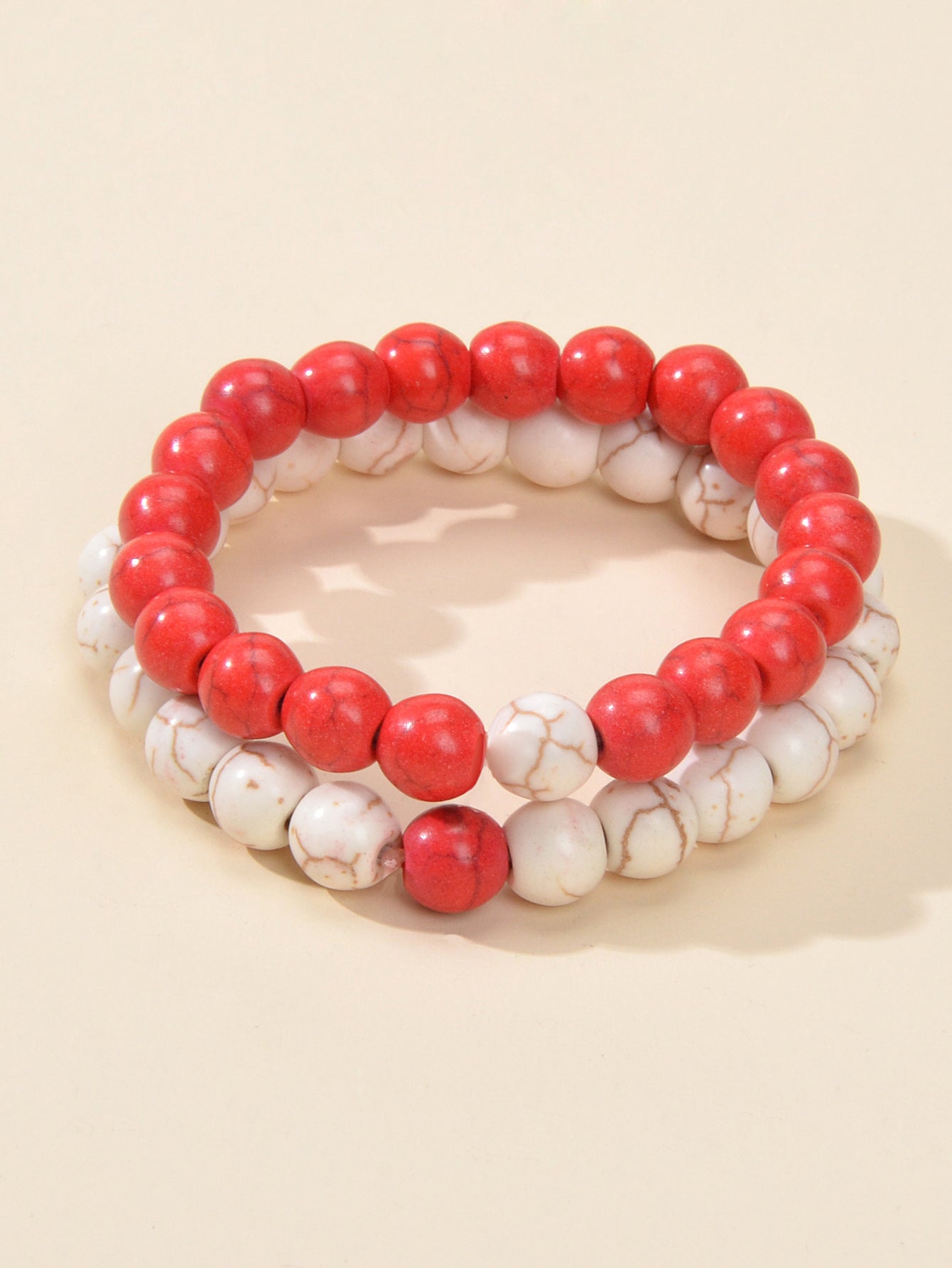 2pcs Bohemian Ethnic Handmade Red Beige Beads Turquoise Elastic Bracelets Bangle