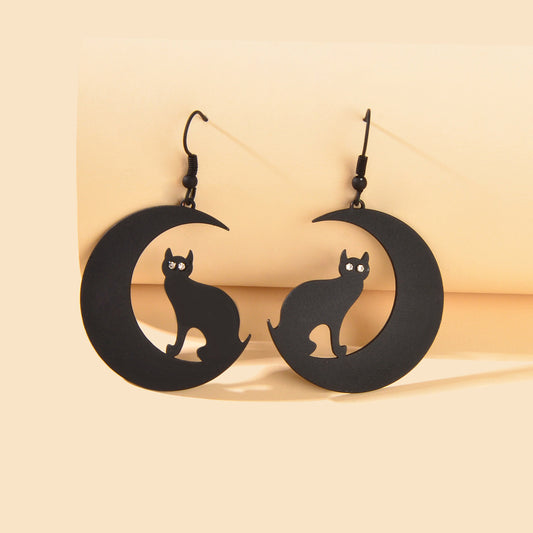 Gothic Black Animal Cat Moon Dangle Earrings Gift Girls Unique Chic Jewellery