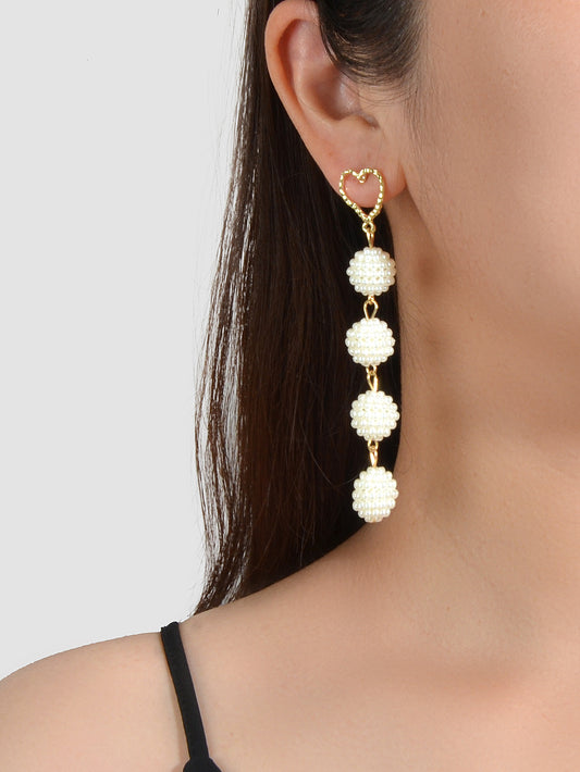 Beautiful White Beads Ball Gold Heart Long Dangle Earrings Perfect Wedding Gift