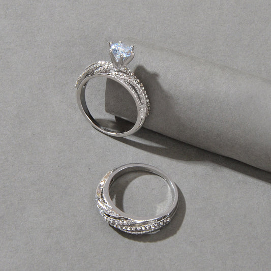 2 pcs Wedding Jewellery Luxurious Rhinestone Silver Finger Ring Bridal Ring Band