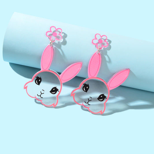 Lovely Animals Blue Pink Acrylic Flower Easter Bunny Rabbit Charm Stud Earrings