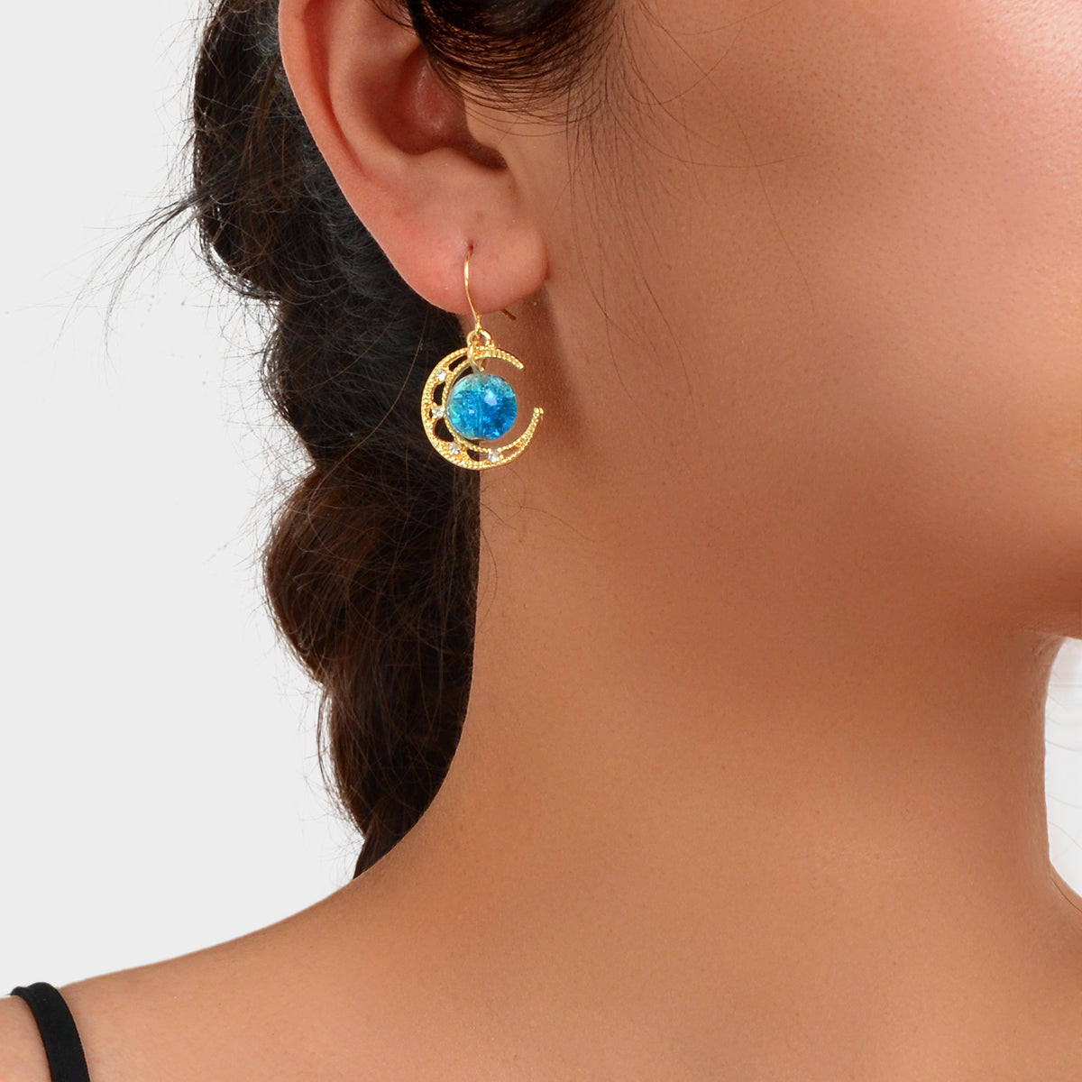 Blue Moonstone Hollow Gold Moon Dangle Hook Earrings Boho Celestial Jewellery