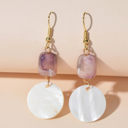 Purple Resin White Shell Round Dangle Hook Earrings Holiday Boho Chic Jewellery