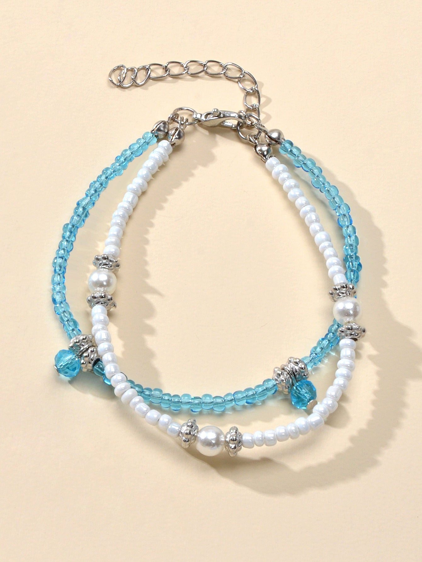 Fashion Jewellery Handmade Double layer Blue White Seed Beads Strand Bracelet