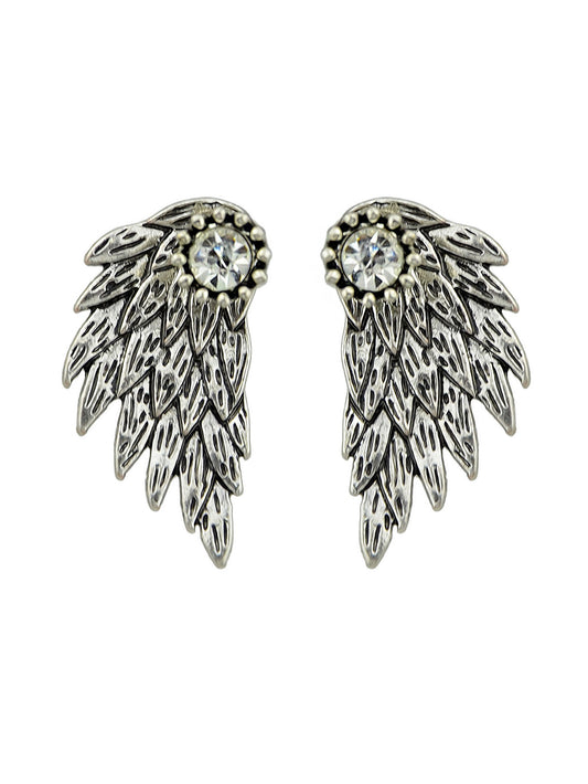 Punk Retro Black Antique Silver Color Rhinestone Wing Stud Earrings Ear Jacket