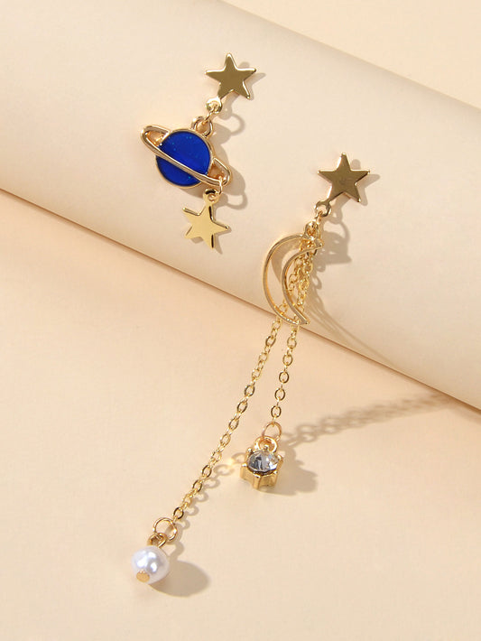 Asymmetric Pearl Rhinestone Decor Long Chain Star Moon Planet Dangle Earrings