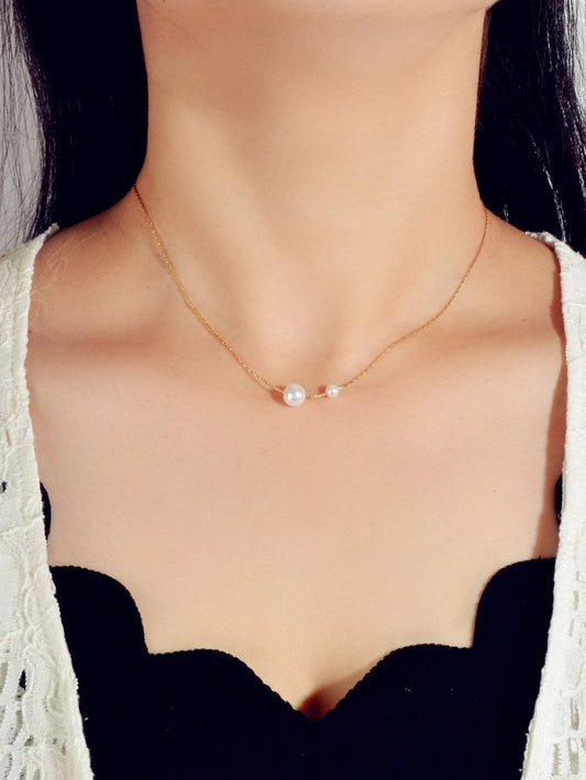 Fashion Pearl Decor Thin Gold Chain Necklace Bead Choker Collar Girl Teens Gift