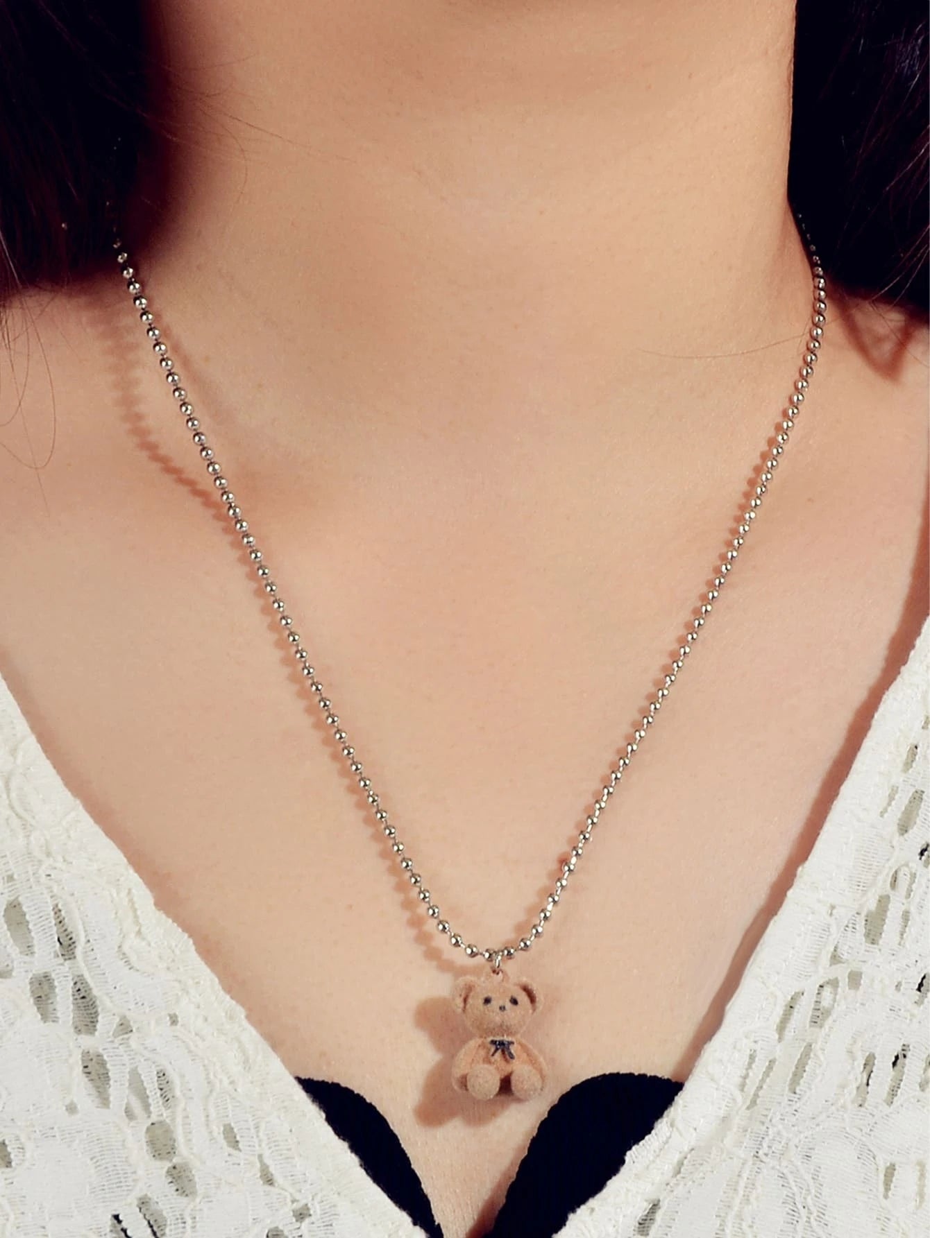 Silver Ball Chain Lovely 3D Brown Bear Charm Necklace Trendy Jewellery Accessory