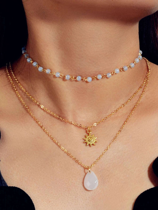 Triple Chain Star Water Drop Beads Necklace Creative Handmade Dainty Jewellery