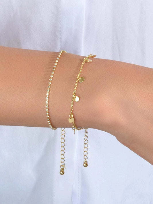 2pcs Women Rhinestone Gold Silver Chain Disc Charm Bracelet Fashion Accessories