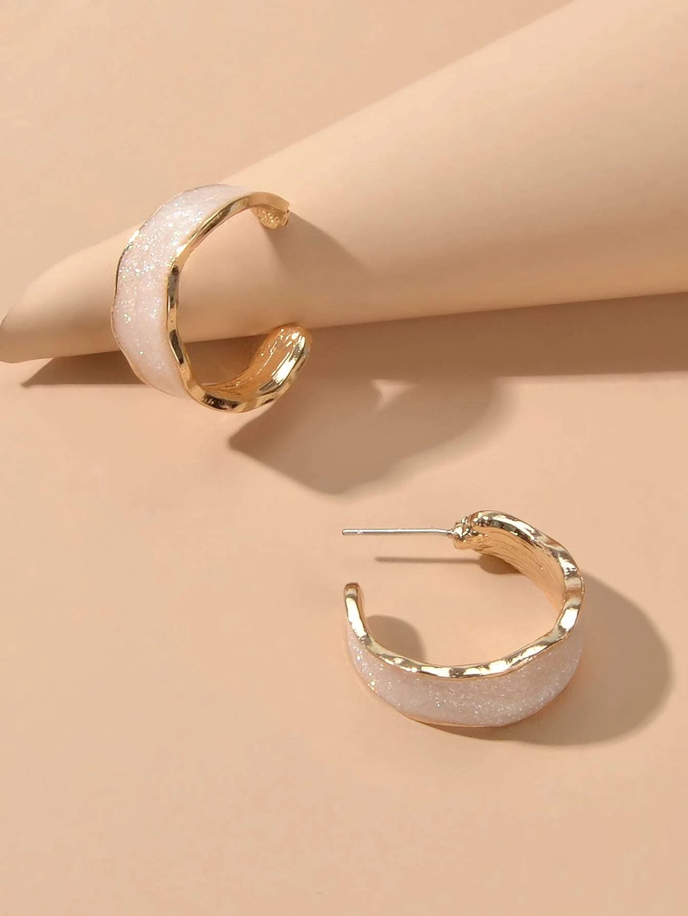 Pink Enamel Circle Shining Hoop Earrings C Shape Stud Teens Textured Jewellery