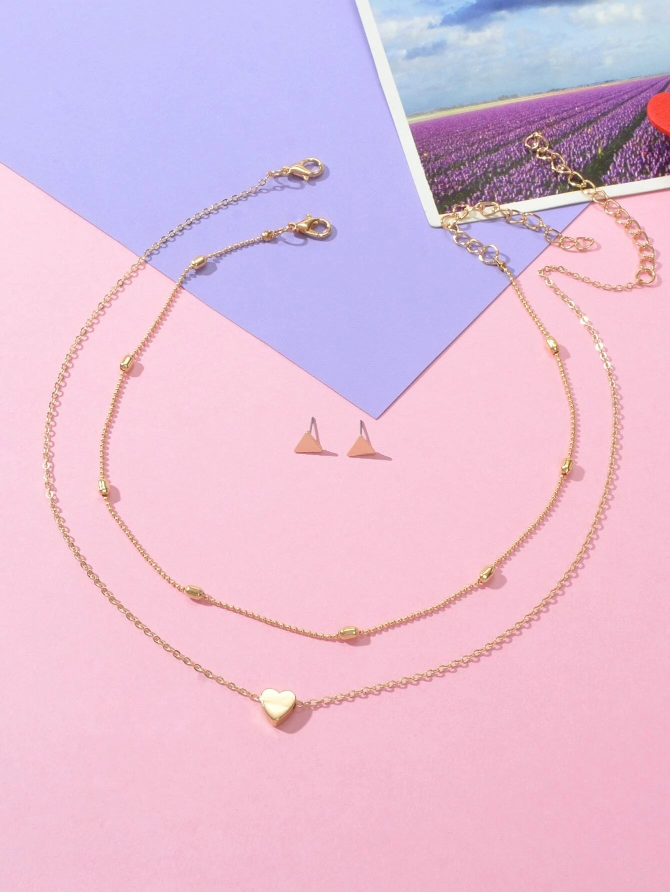 Double Layer Gold Chain Heart Charm Necklace Triangle Stud Earrings Jewelry Set