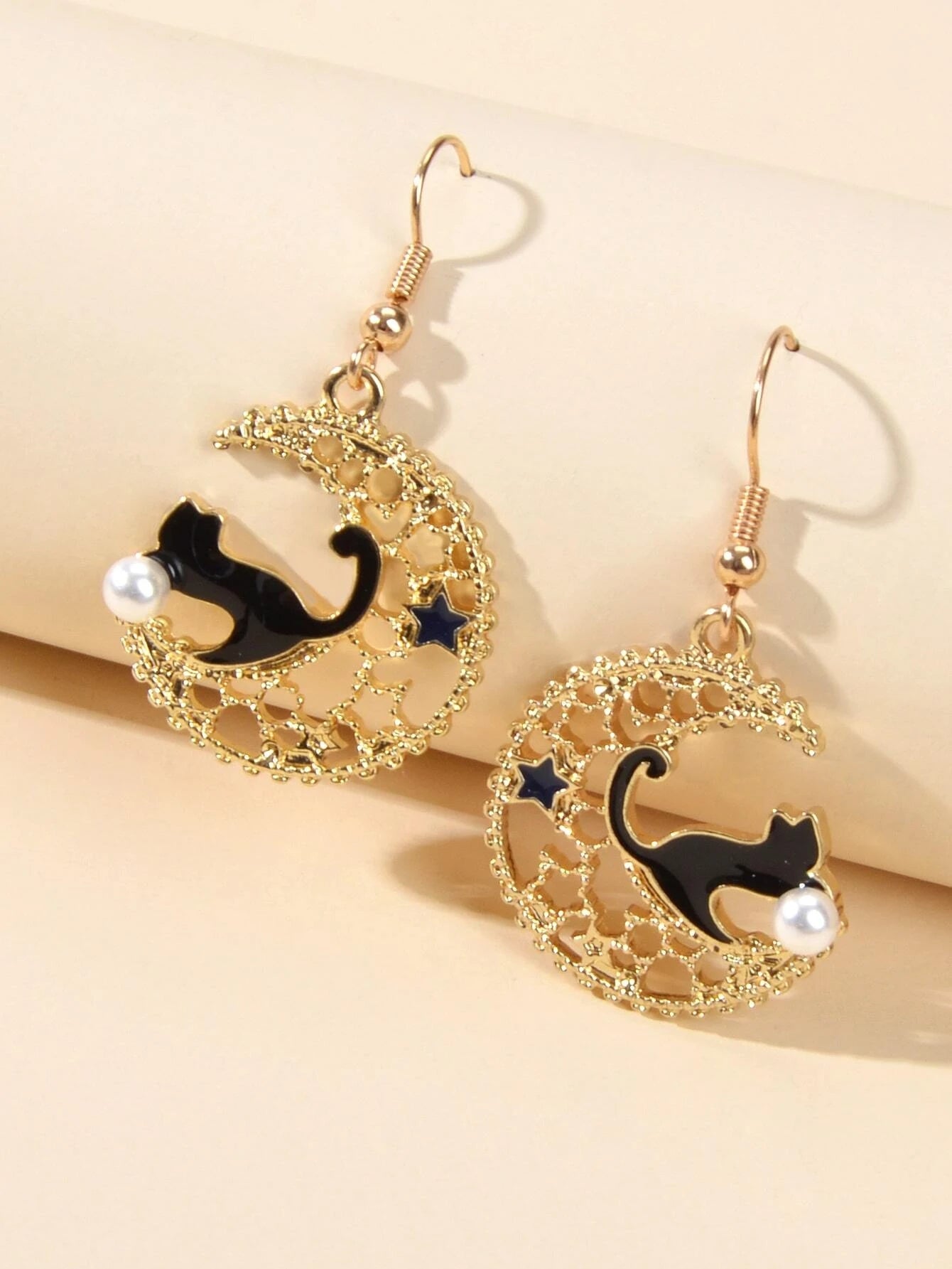 AU Stock Hollow out Lovely Black Enamel Cat Star Moon Drop Dangle Gold Earrings