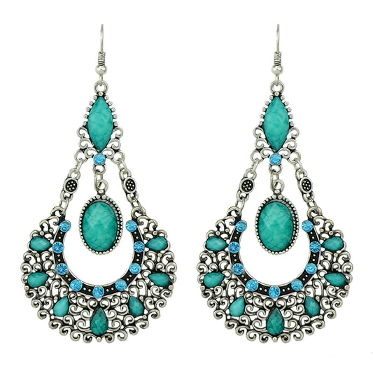 Bohemian Tribal Ethnic Antique Silver Rhinestone Hollow Water Drop Chic Earrings