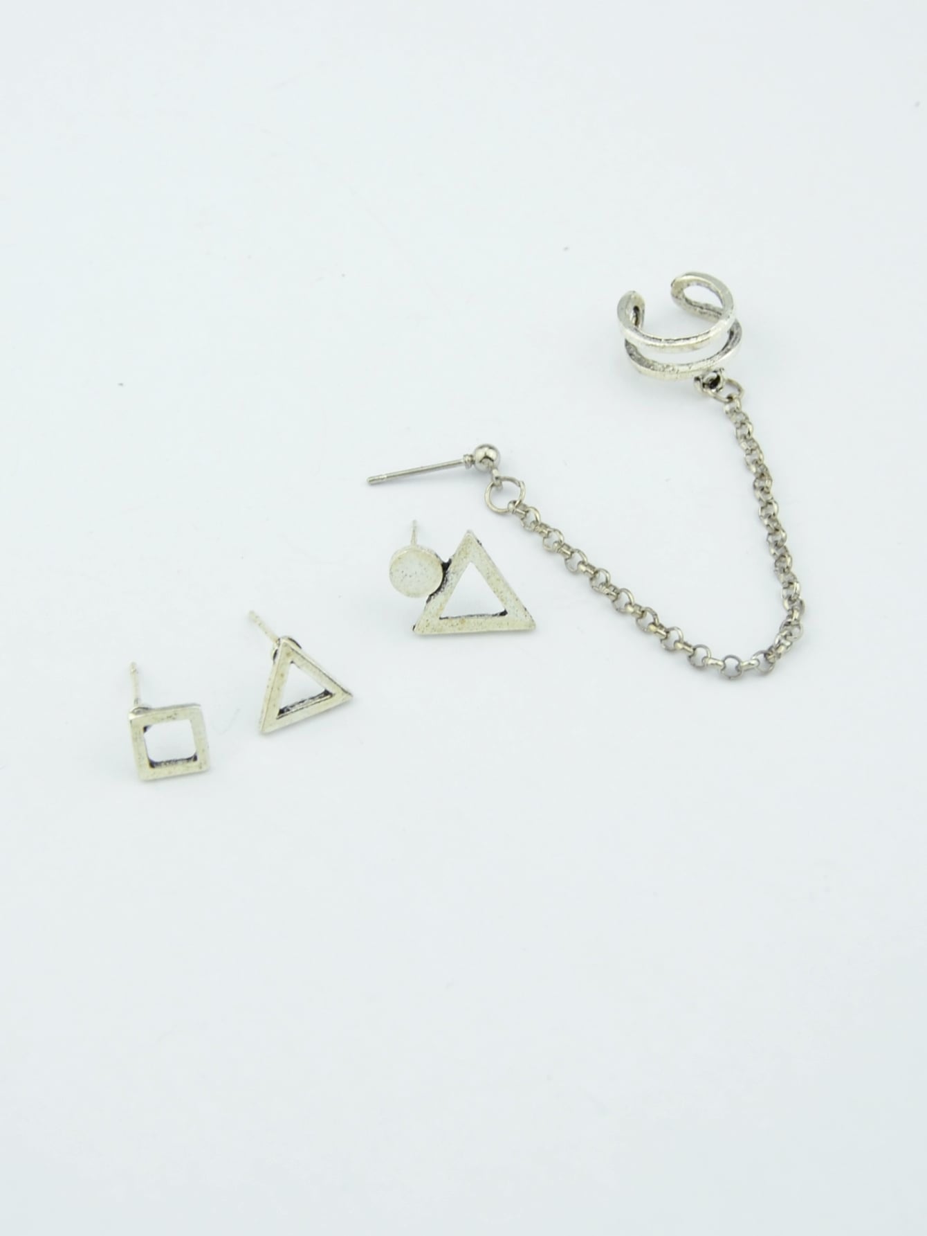4pcs Cartilage Jewelry Antique Silver Chain Triangle Stud Earrings Boho Ear Cuff
