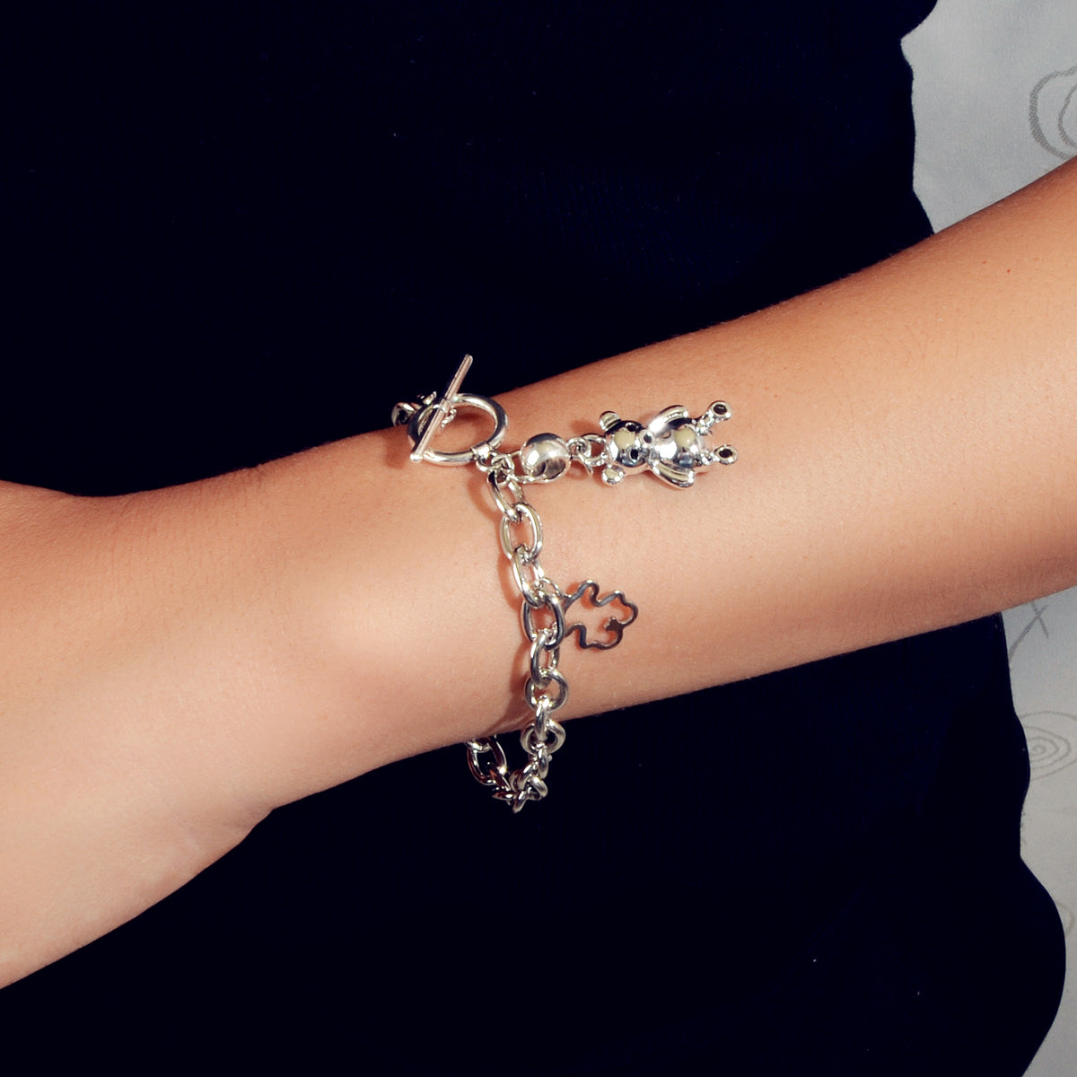 Designer Silver Bear Charm Dainty Cuban Chunky Link Paperclip Chain Bracelets