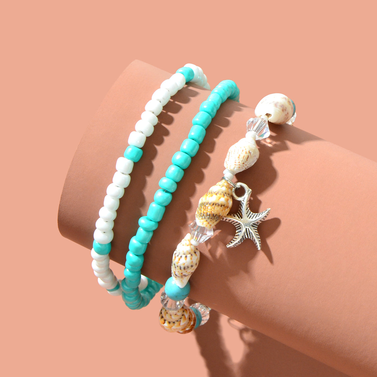 Bohemian Handmade Seed Beads Layered Shell Starfish Charm Anklets Set Holiday