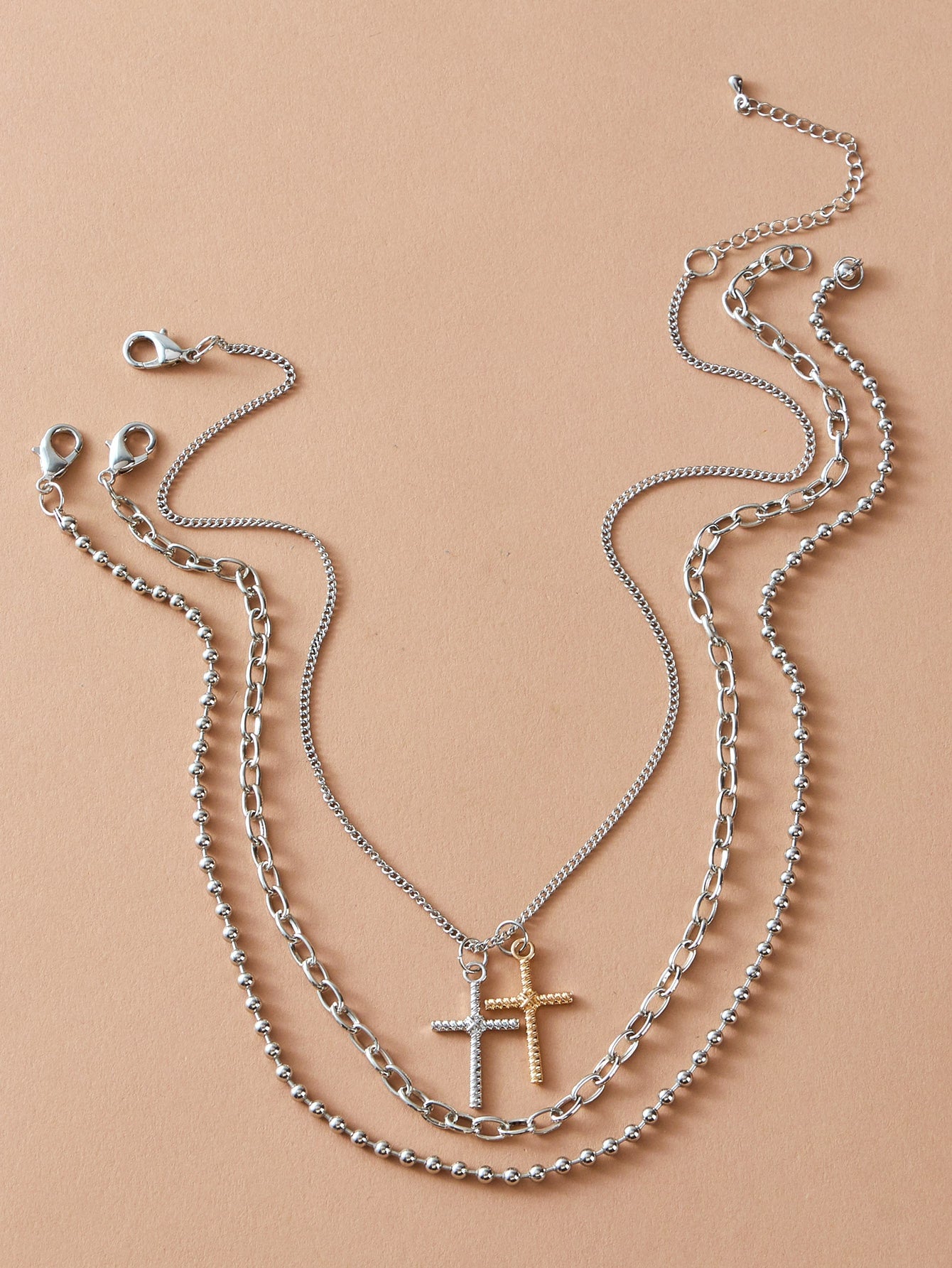 3pcs Punk Jewelry Silver Popcorn Chain Cross Charm Statement Necklace for Women