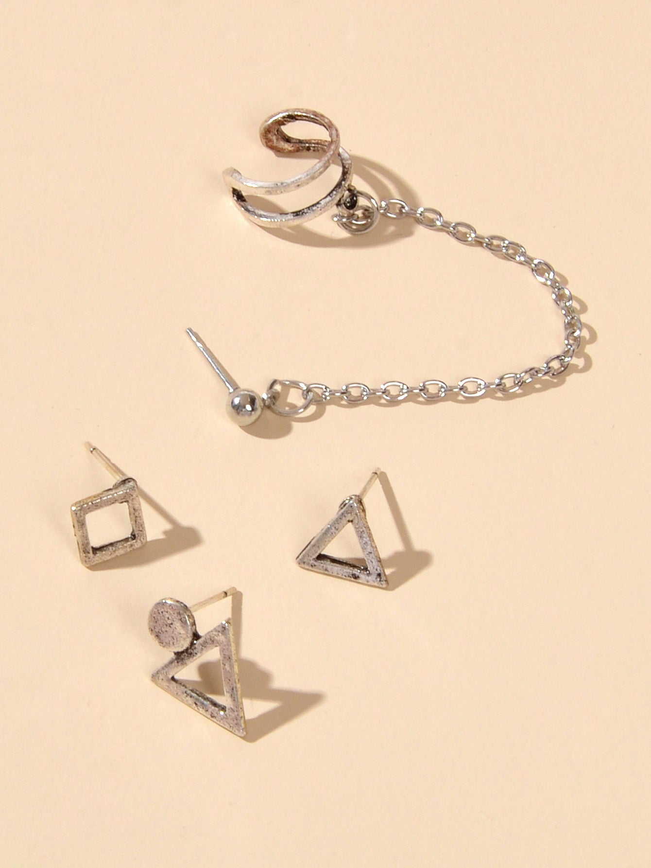 4pcs Cartilage Jewelry Antique Silver Chain Triangle Stud Earrings Boho Ear Cuff