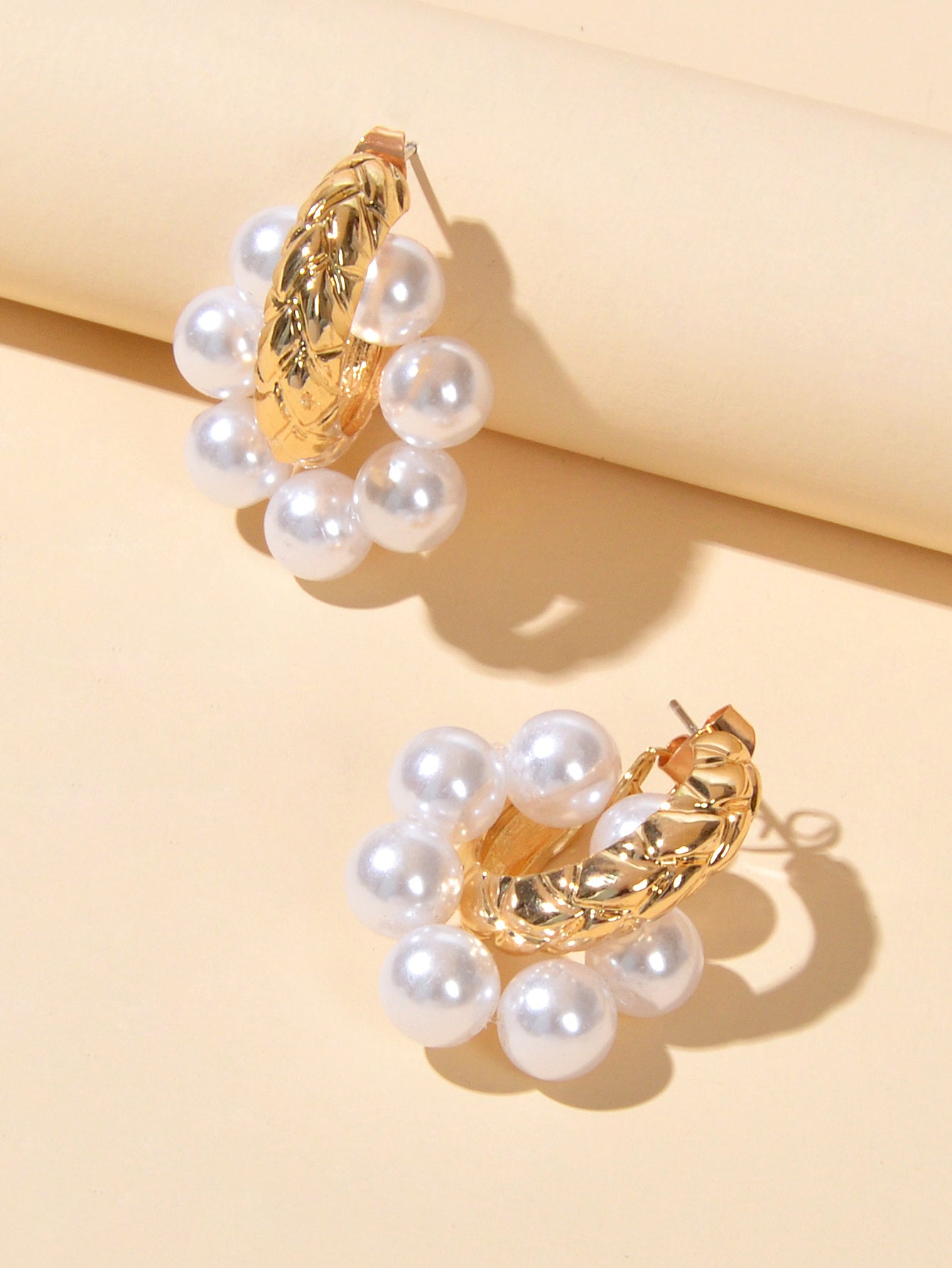 Wedding Engagement Gift Jewellery Gold Metal Pearl Hoop Stud Textured Earrings