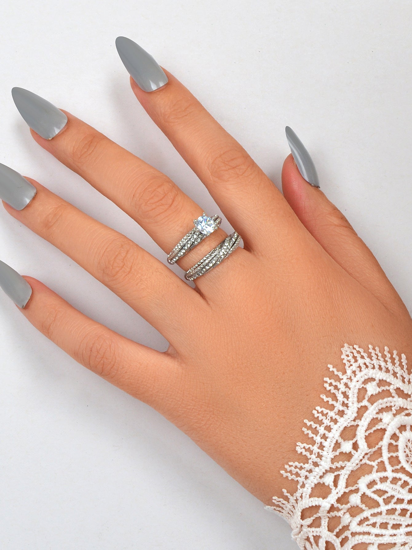 2 pcs Wedding Jewellery Luxurious Rhinestone Silver Finger Ring Bridal Ring Band