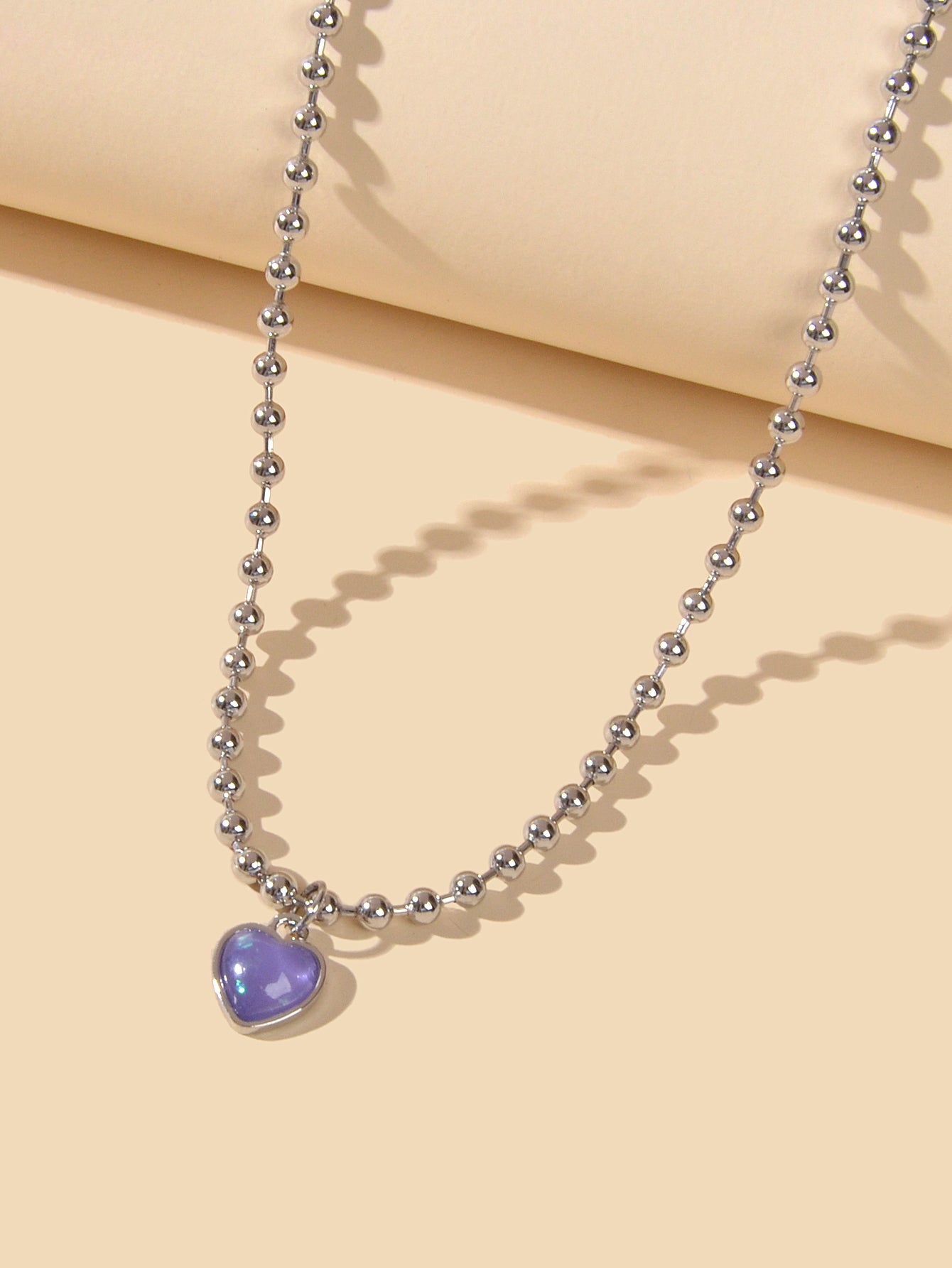 Party Decoration Popcorn Beads Silver Chain Purple Love Heart Charm Necklace