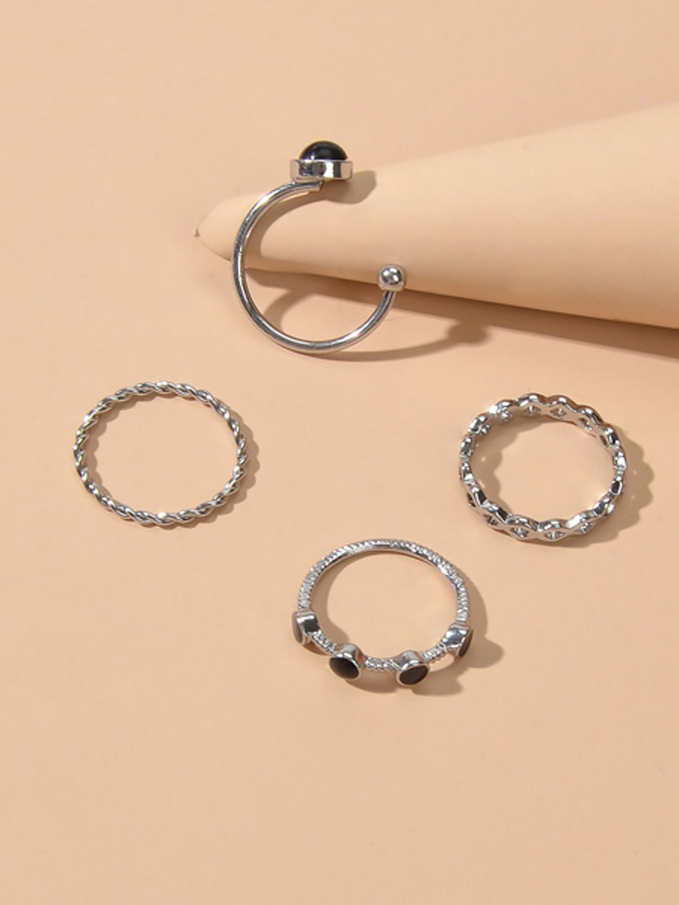 4 pcs Black Enamel Beads Silver Midi Finger Knuckle Multiple Rings set Bulk Pack