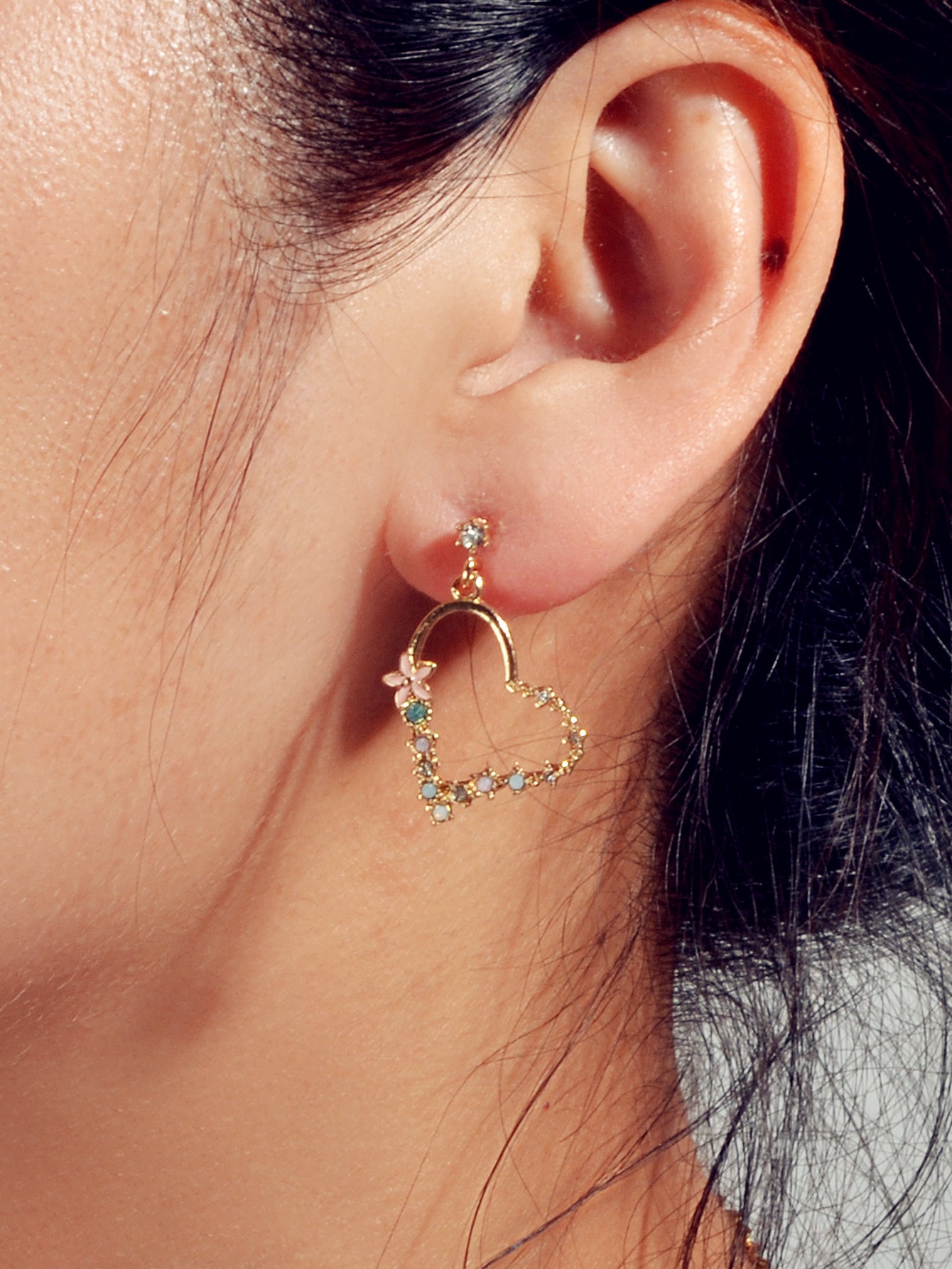 Good Quality Rhinestone Flower Gold Heart Drop Earrings Girl Fashion Accessories