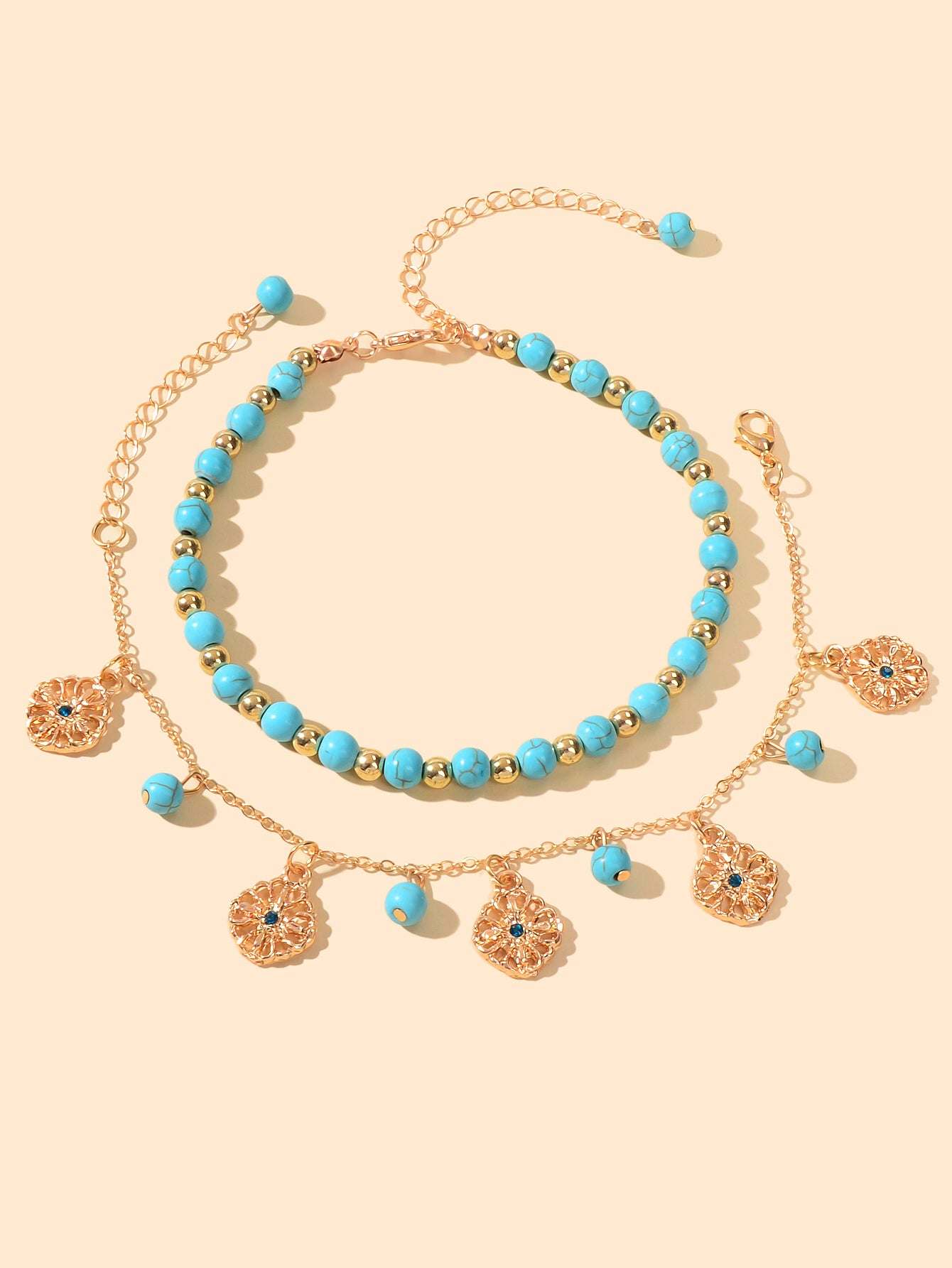 2pcs Handmade Turquoise Beads Anklets Boho Round Charm Bracelets Foot Anklet Set