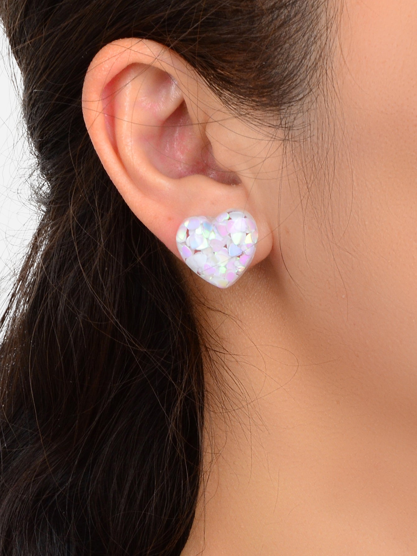 Love Heart Handmade Sparkle Glitter Stud Sequins Pierced Earrings Resin Jewelry