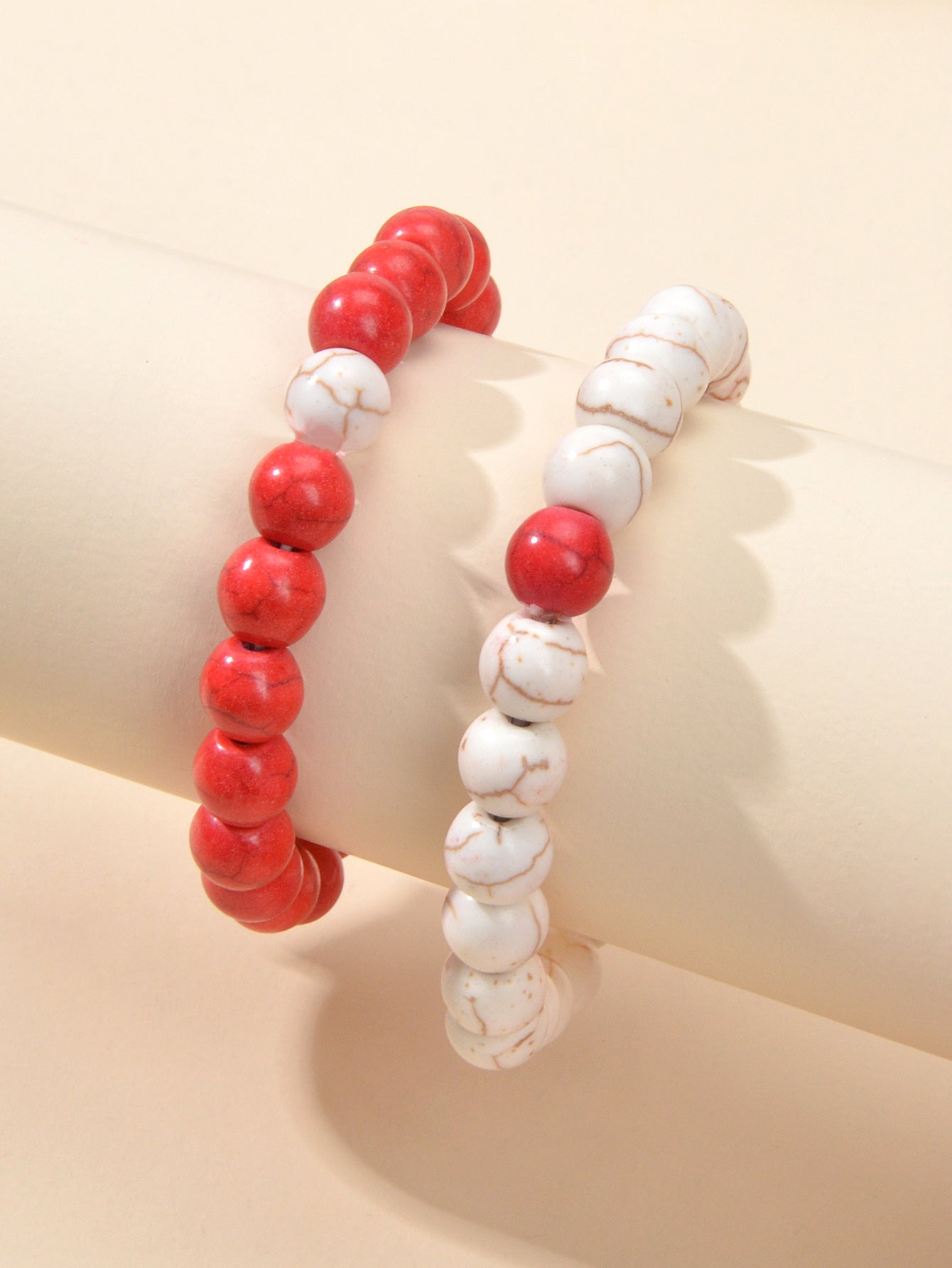 2pcs Bohemian Ethnic Handmade Red Beige Beads Turquoise Elastic Bracelets Bangle