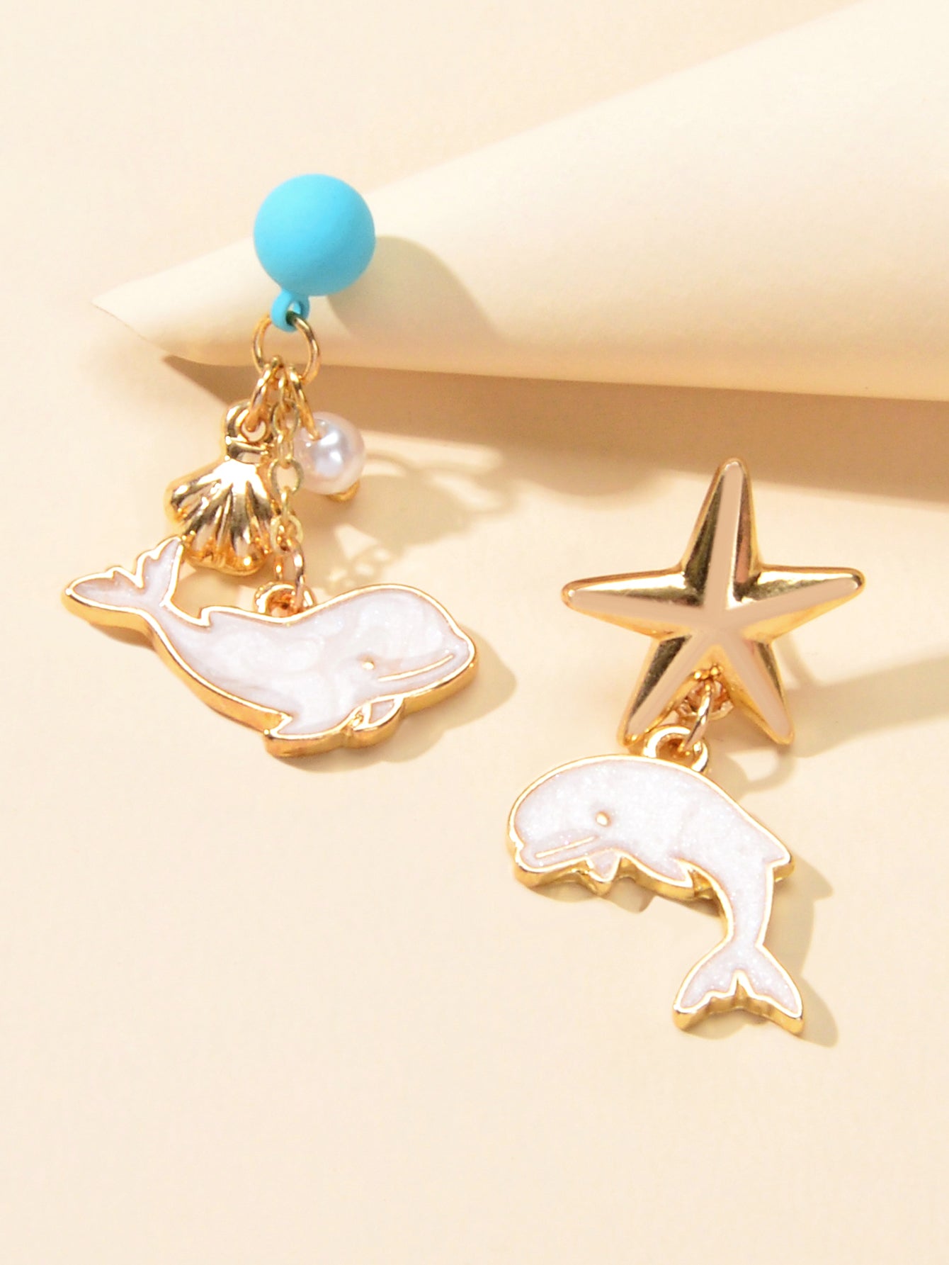 Nautical Jewelry Blue Beads Star Shell Dolphin Asymmetric Dangle Ocean Earrings