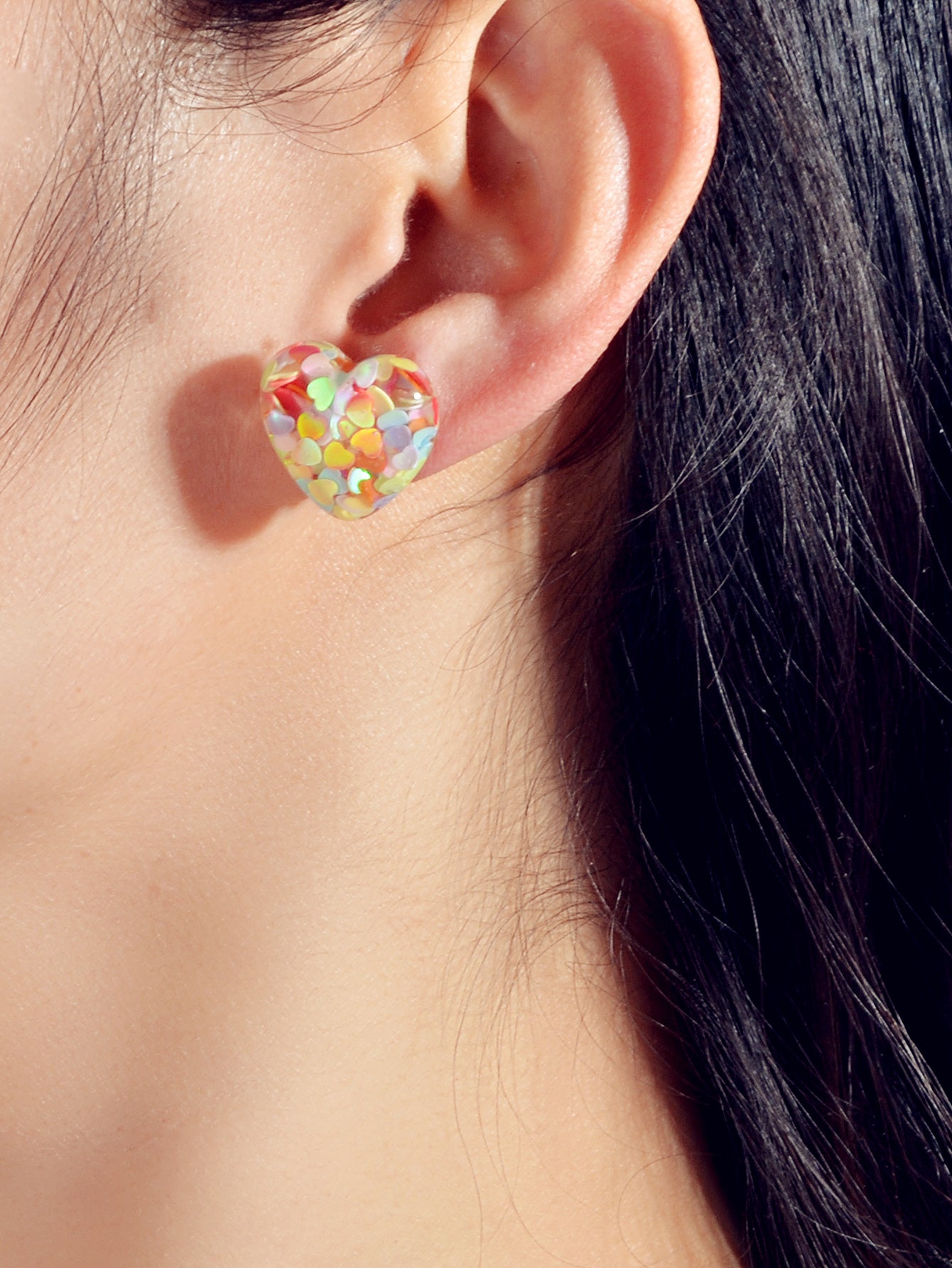 Love Heart Handmade Sparkle Glitter Stud Sequins Pierced Earrings Resin Jewelry