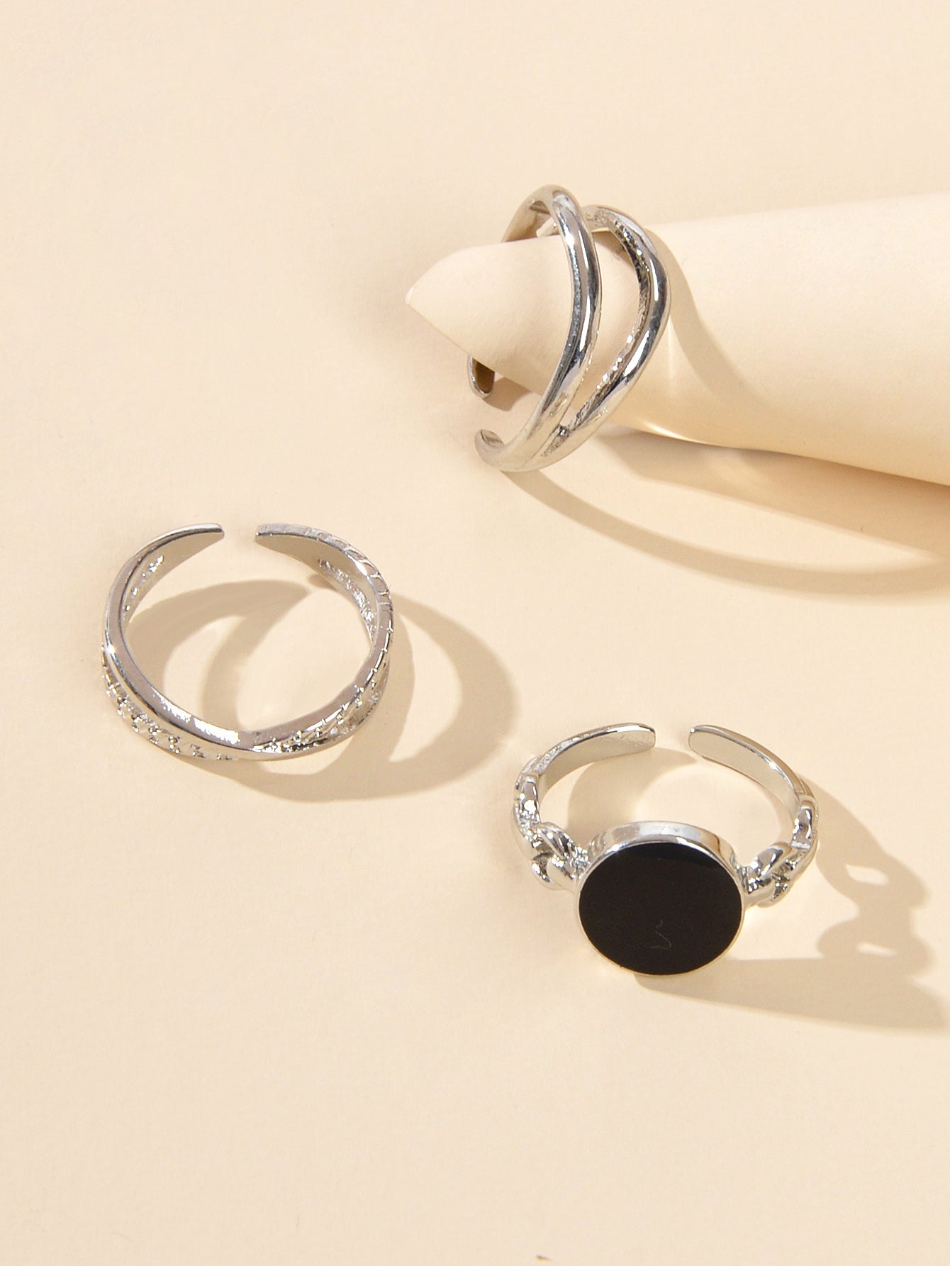 Multiple 3pcs Round Black White Metal Knuckle Stackable Midi Finger Rings Set