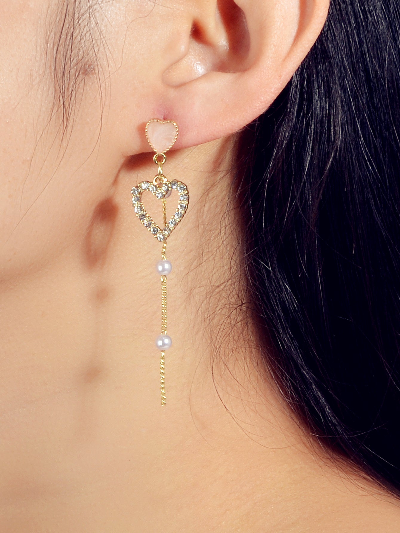 Perfect Engagement Gift Pearl Rhinestone Pink Love Heart Asymmetric Drop Earring