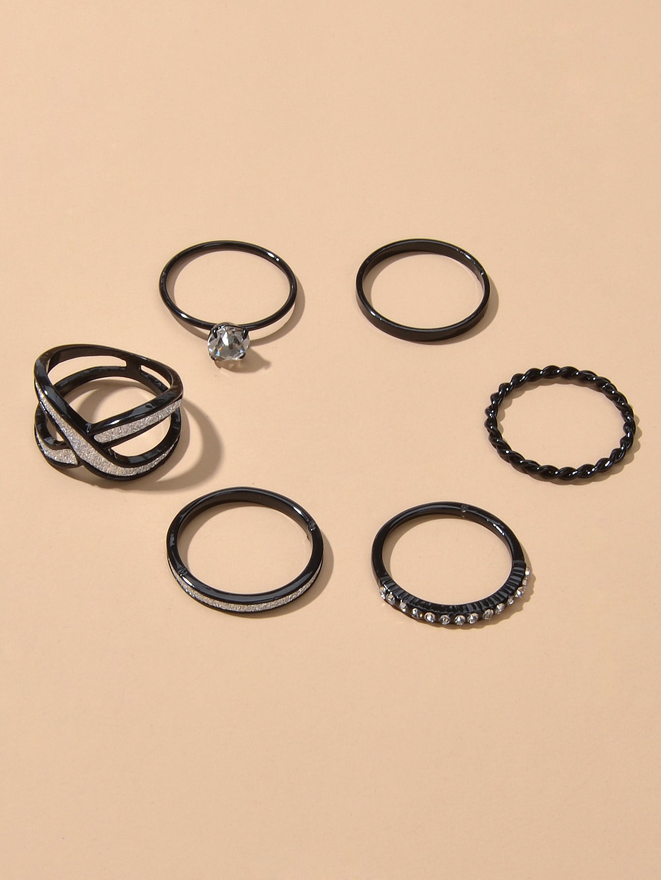 6pcs Stackable Rhinestone Black Midi Finger Knuckle Rings set Wedding Party Wear