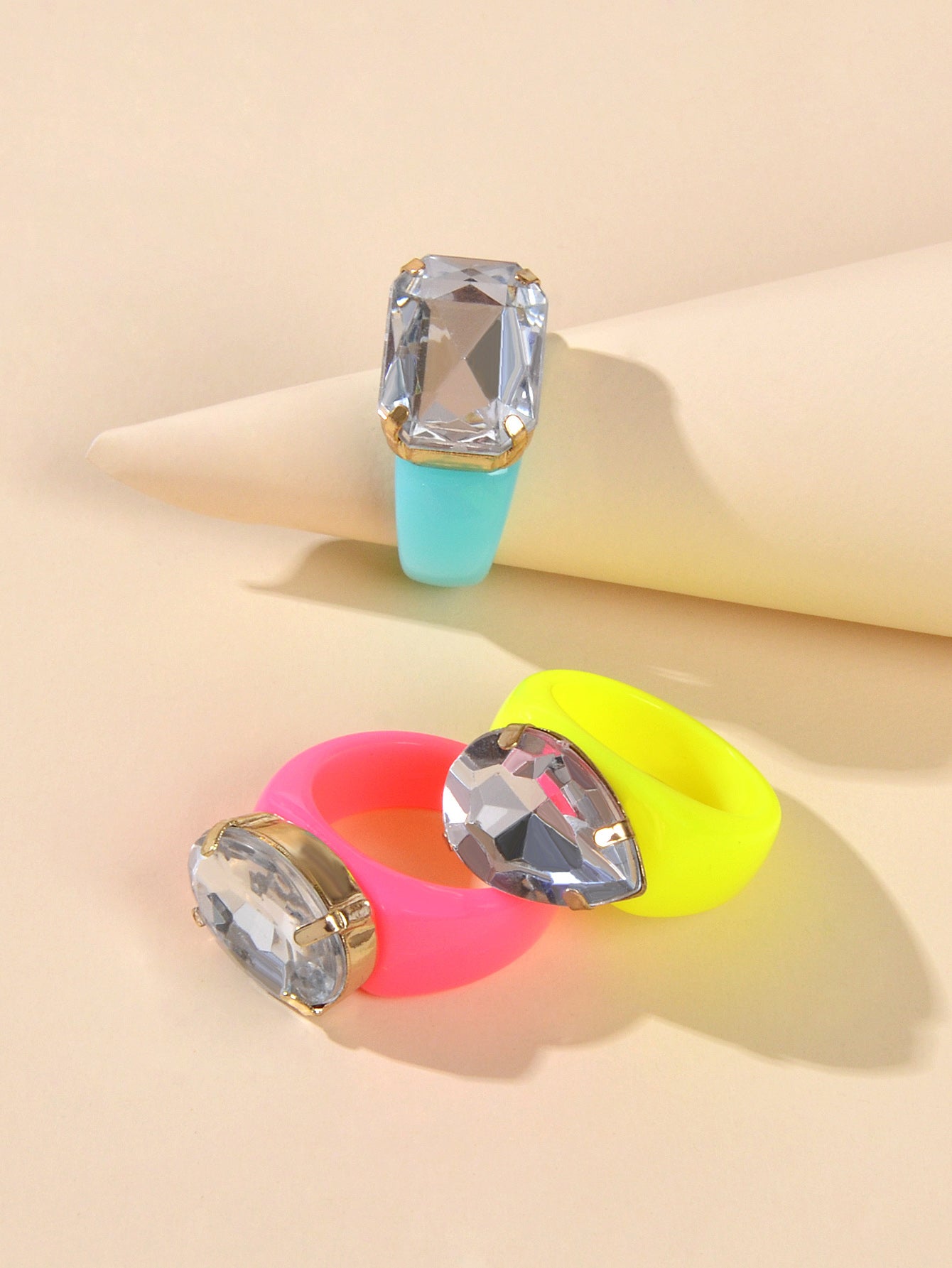 3 pcs Party Rhinestone Decor Candy Color Resin Chunky Stackable Multiple Rings