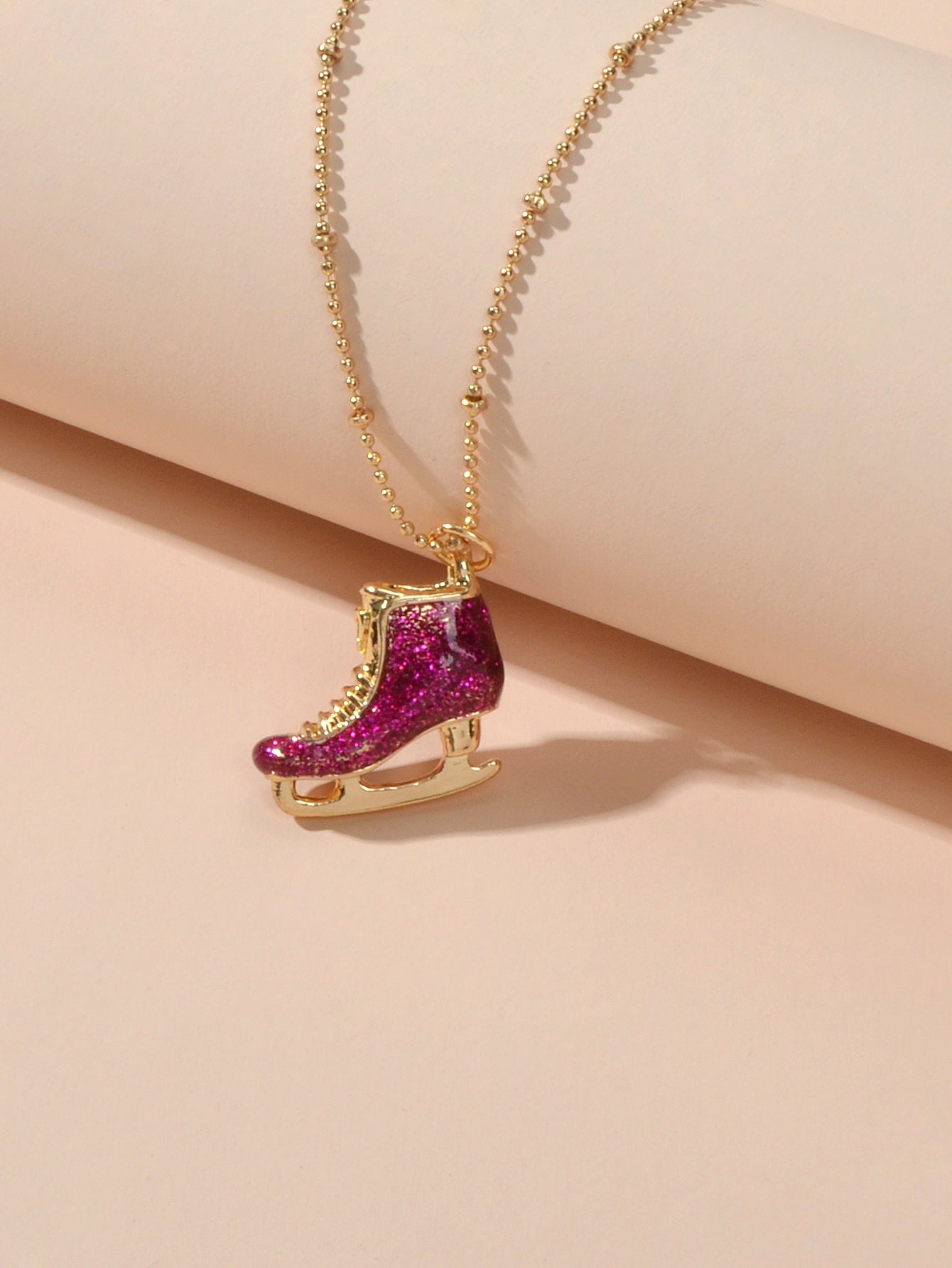 Funny Gift for Women Gold Popcorn Chain Hotpink Ice Skate Shoes Pendant Necklace