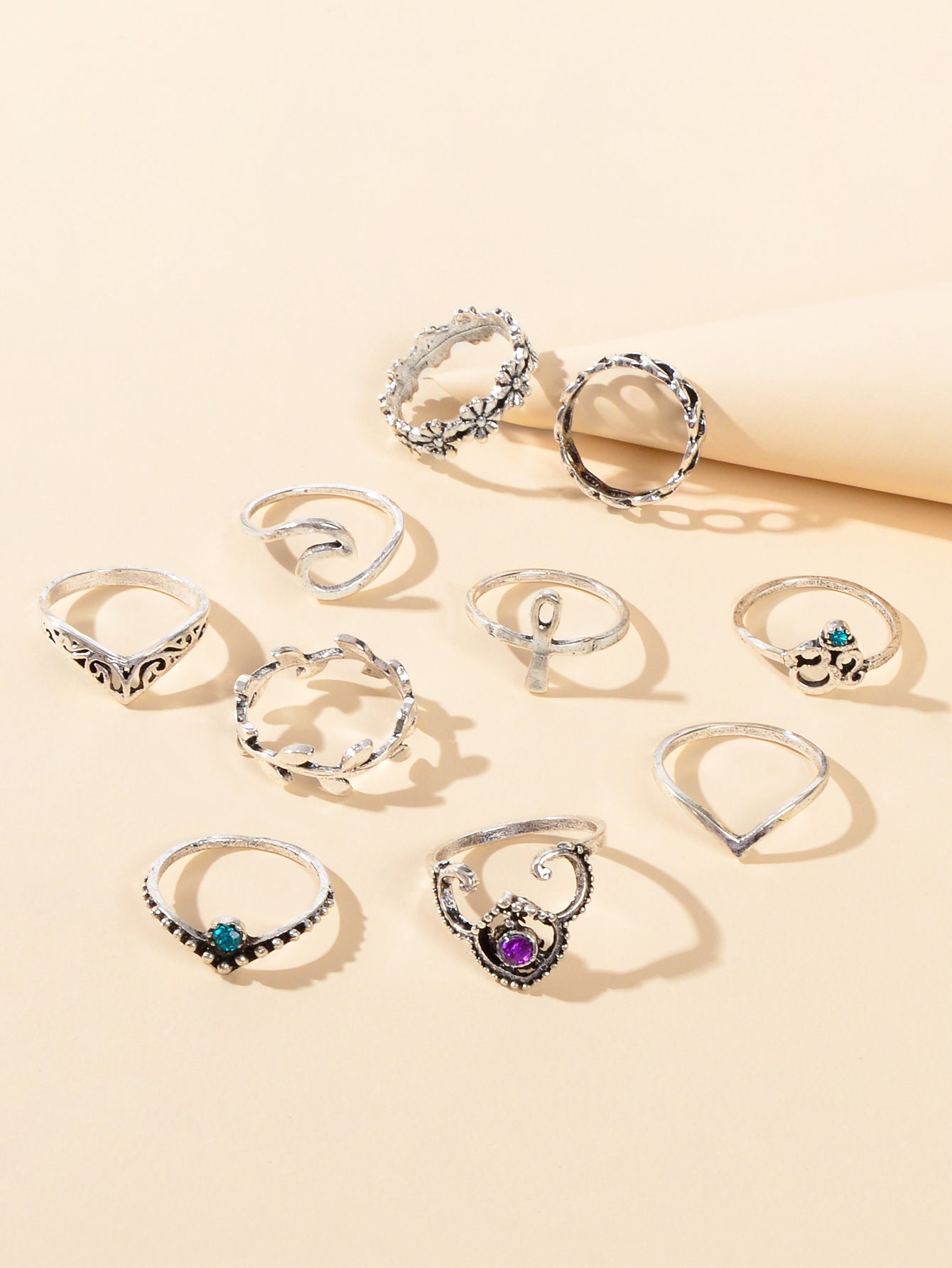 Multiple 10 pcs Antqiue Leaf Flower Geometric Stackable Midi Knuckle Rings set