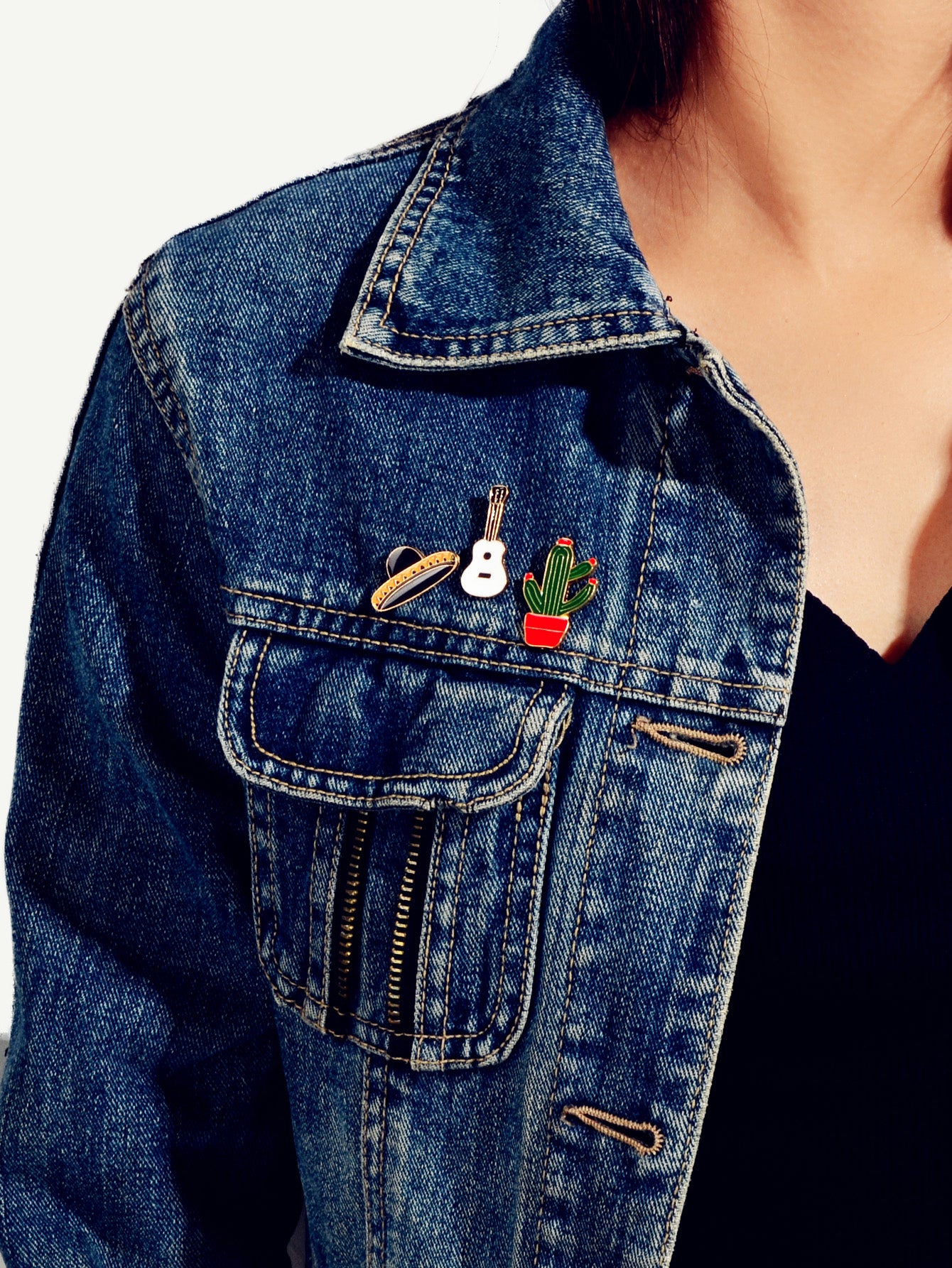3 pcs Enamel Pin Set Lovely Guitar Cap Cactus Brooch Pins Decorative Lapel Badge