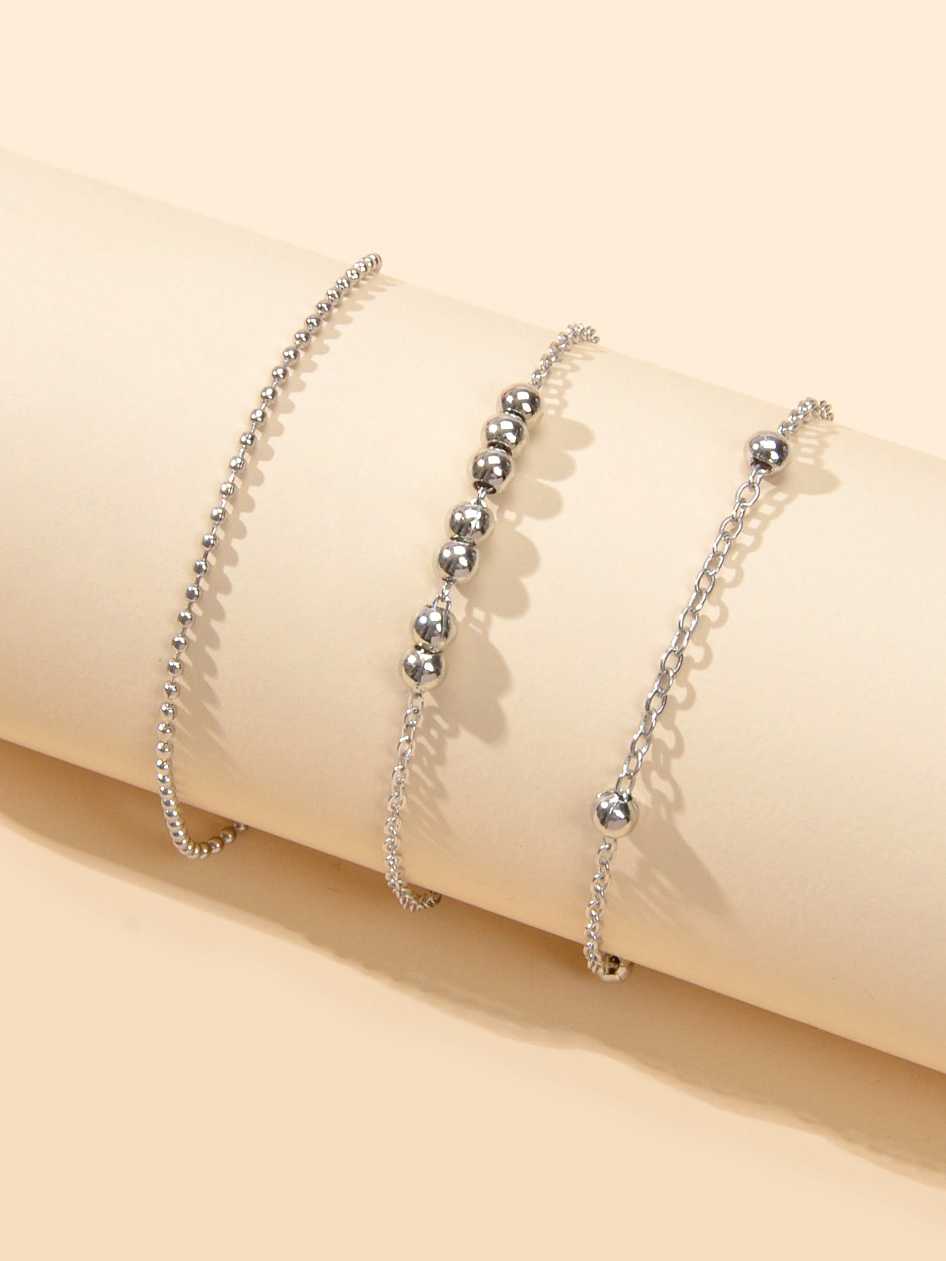 Barefoot Sandals Anklet Bracelet 3pcs Silver Chain Beads Adjustable Foot Jewelry