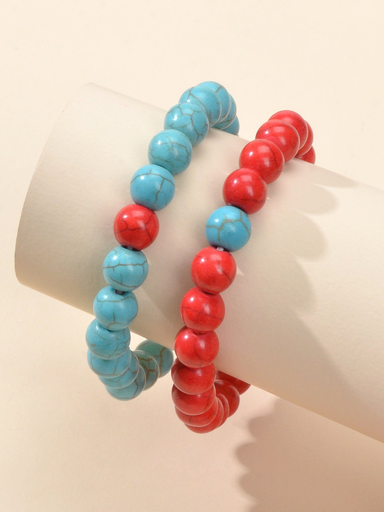 2pcs Bohemian Ethnic Handmade Red Beige Beads Turquoise Elastic Bracelets Bangle