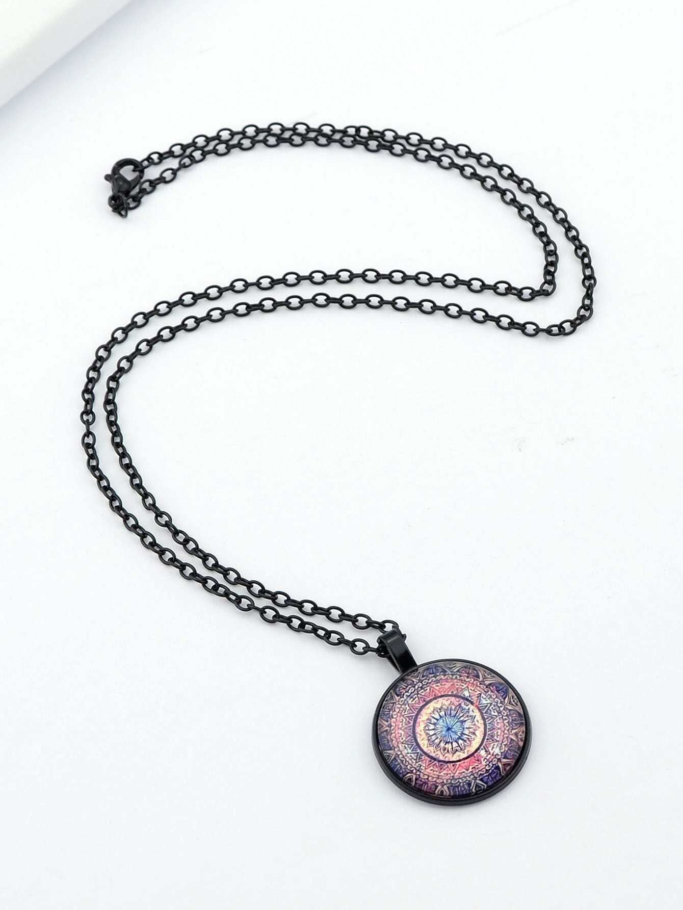 Gothic Black Chain Geometric Pattern Acrylic Round Ball Pendant Ethnic Necklace