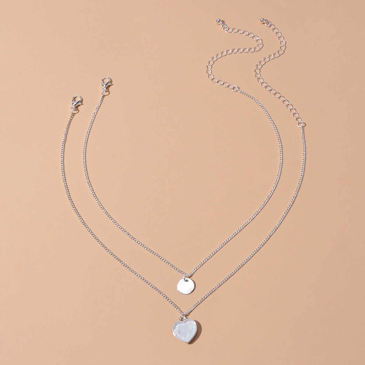 2 pcs Multiple Gold Silver Chain Round Heart Charm Women Necklace Female Jewelry