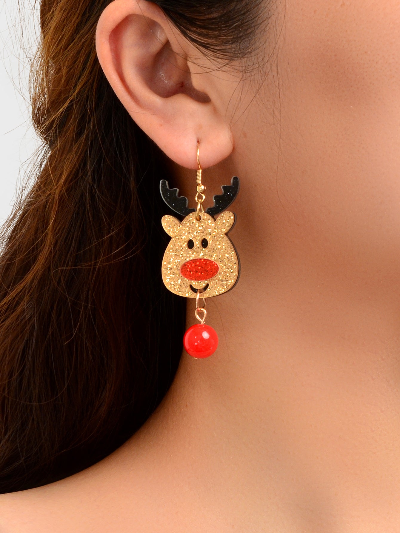 Shining Red Bead Gold Dangle Christmas Reindeer Earrings Elk Deer Fesvital Jewelry