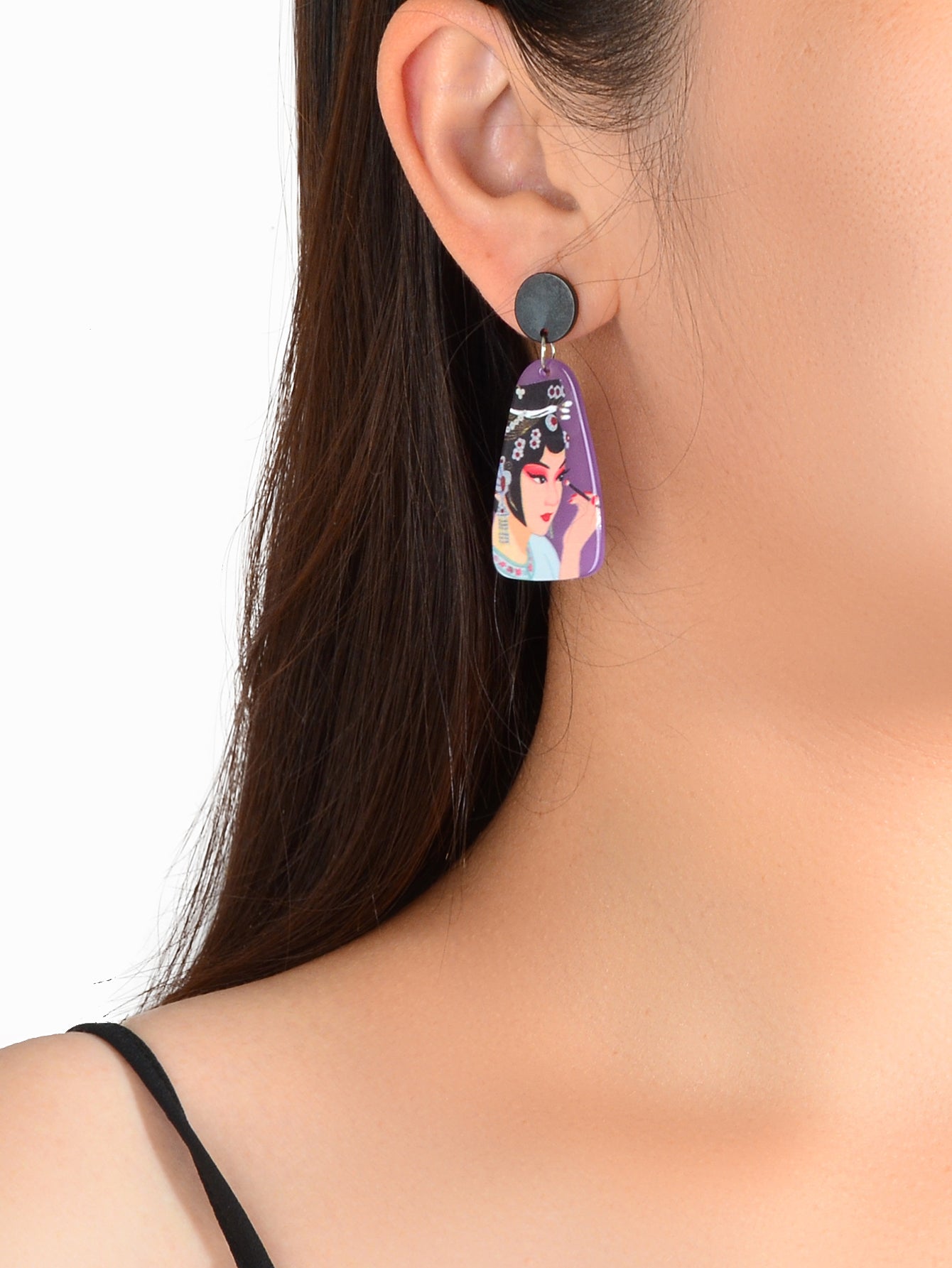 Chinese Style Jewellery Purple Peking Opera Figure Pattern Resin Dangle Earrings