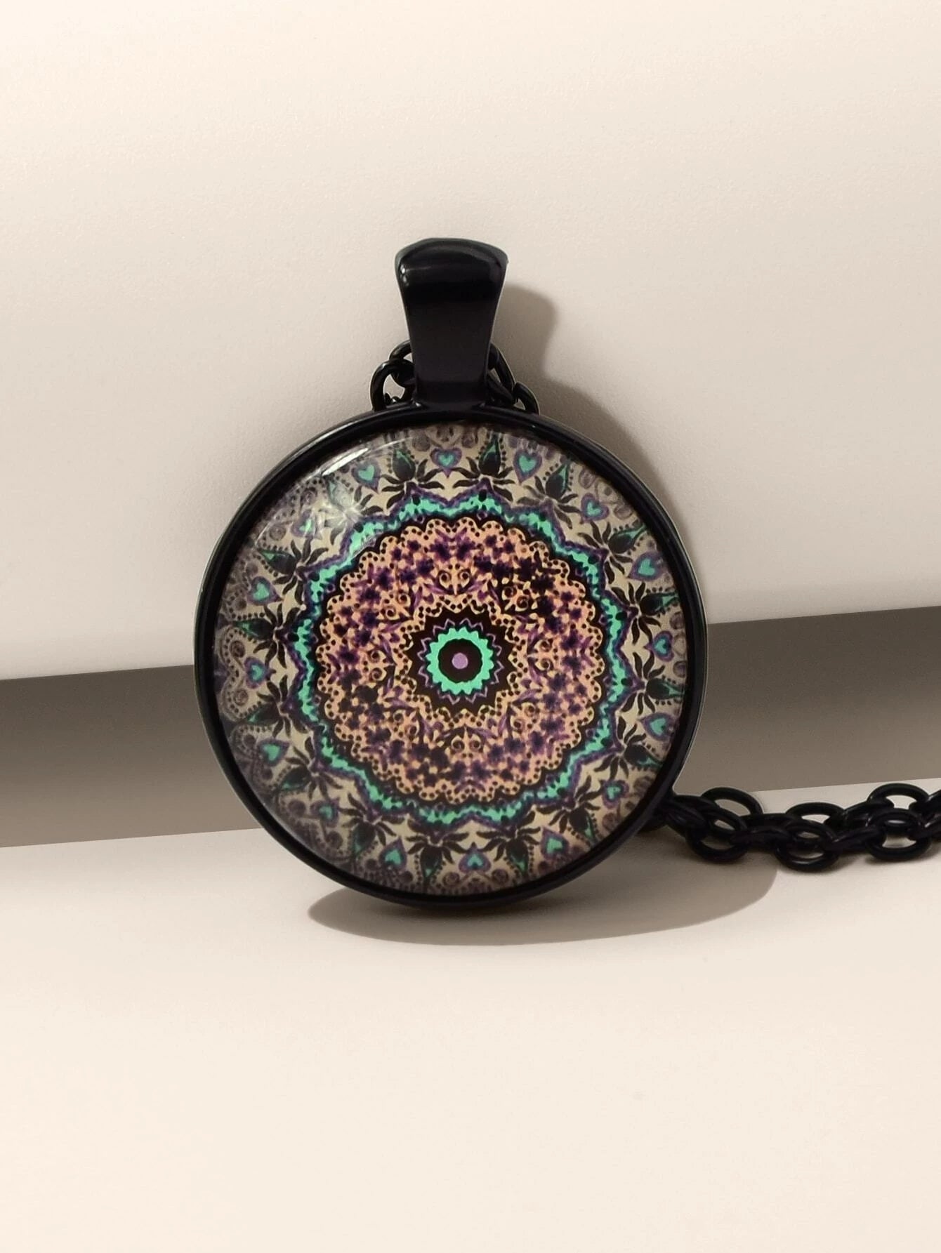 Retro Jewellery Ethnic Black Chain Geometric Mandala Round Pendant Boho Necklace