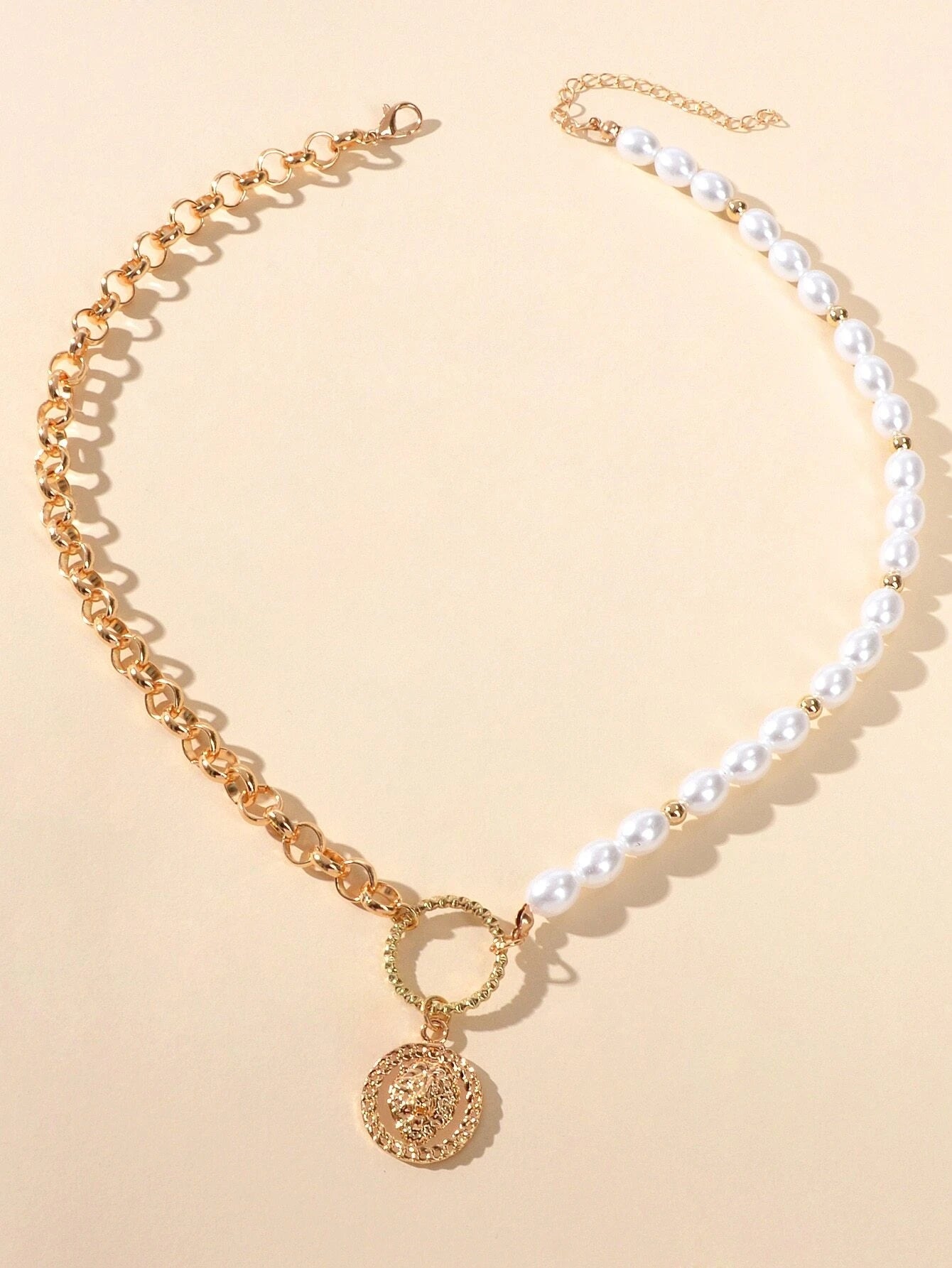 Gold Chain with Pearl Lion Head Round Pendant Necklace Chunky Gothic Jewellery