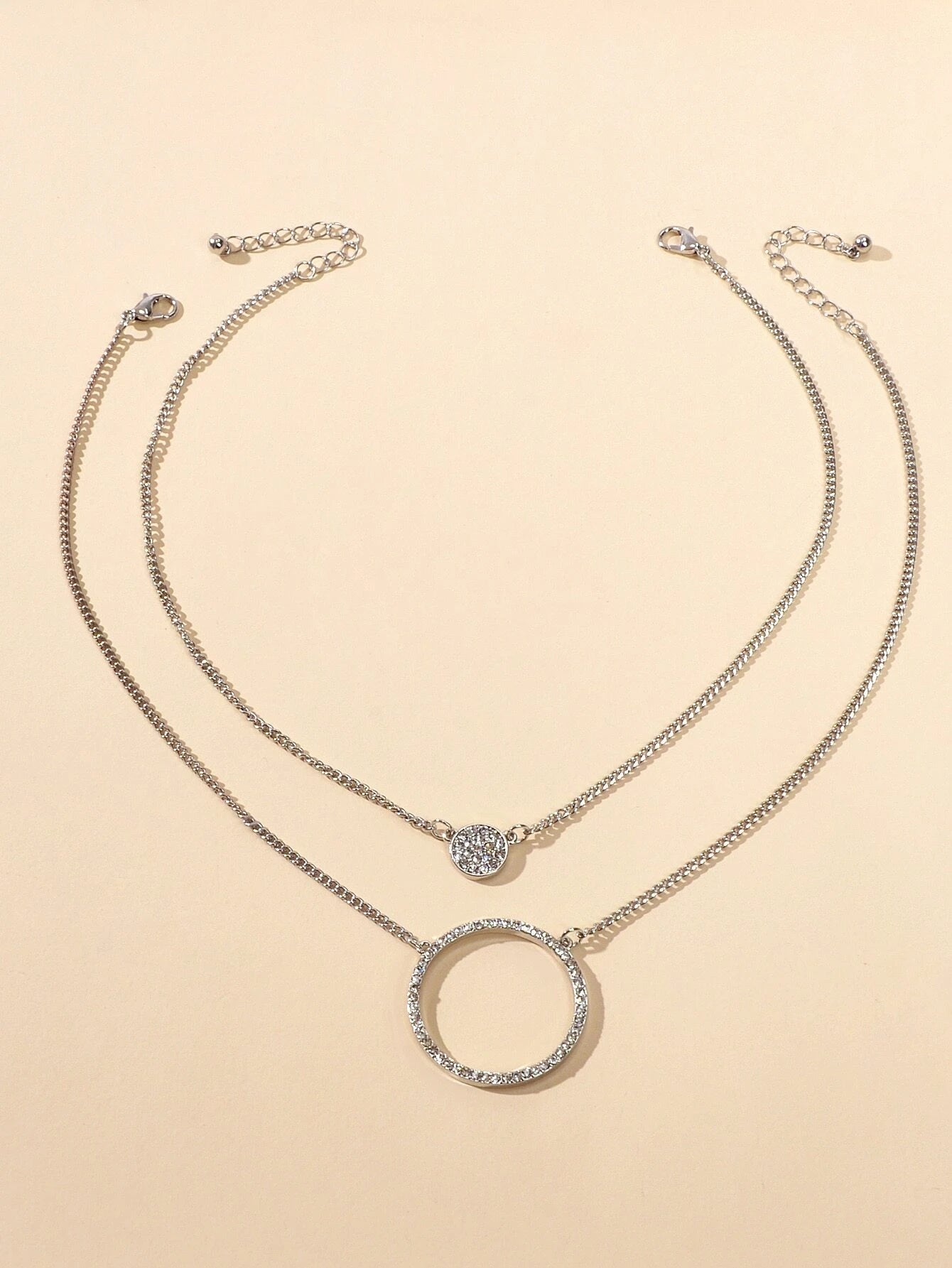 2 pcs Gold Silver Chain Rhinestone Round Circle Pendant Necklace Jewellery Gift